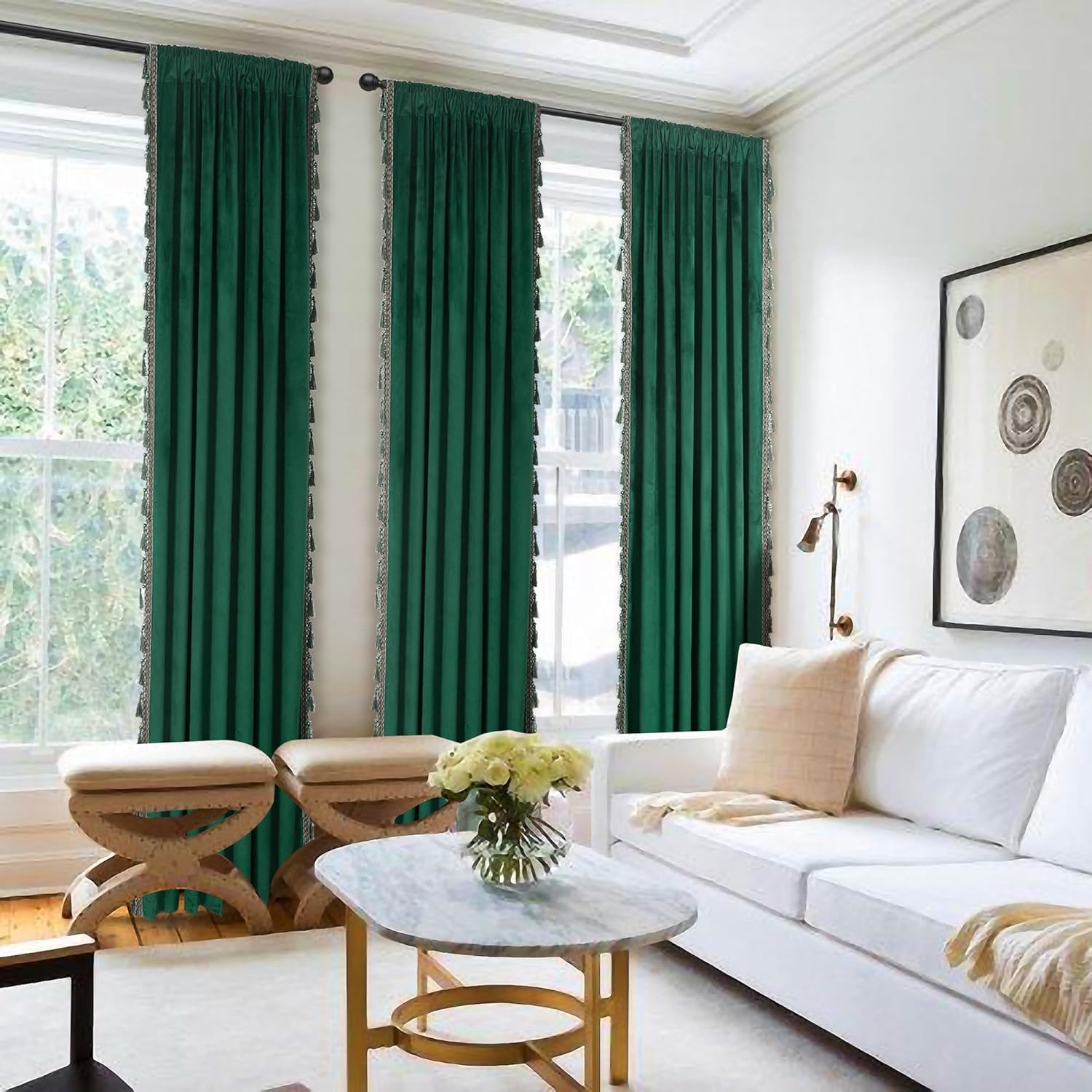 Dark Green Blackout Velvet Curtains 72 inch Length Windows Rod Pocket Drapes with Tassels Soundproof Thermal Curtains for Living room 2 Panels Set 52" x 72"