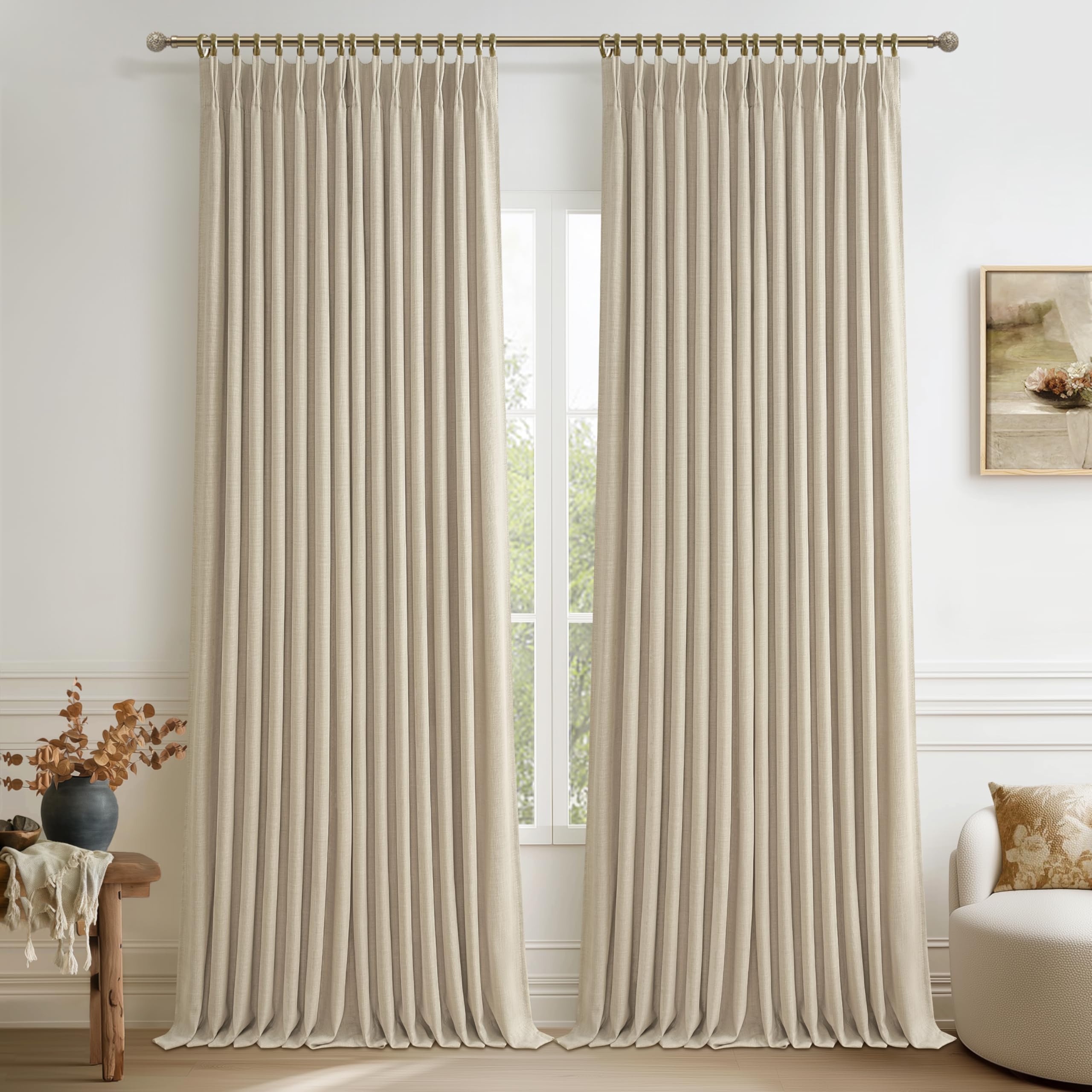 100% Blackout Linen 96 Inch Curtains 2 Panel Set for Bedroom, Modern Pinch Pleated Natural Linen Off Beige White Insulated Heavy Curtain 40 x 96 Inches Length Sliding Glass Door Room Darkening Drapes