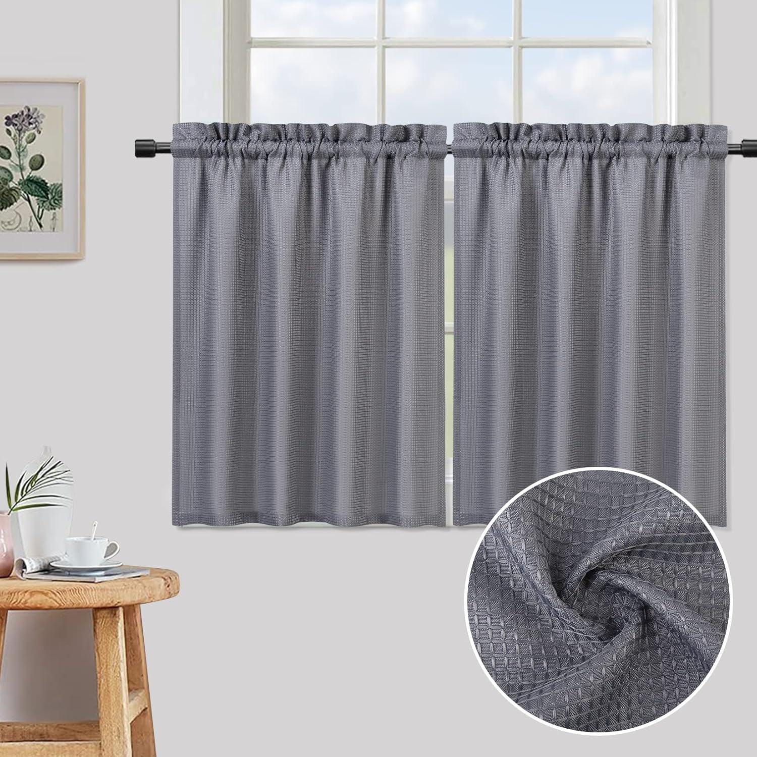 HOMERRY Waffle Textured Short Curtains Small Window Curtains Farmhouse Half Window Tier Curtains Waterproof Kitchen Curtains for Bathroom Kitchen Bedroom Living Room, Grey 30" W x36 L