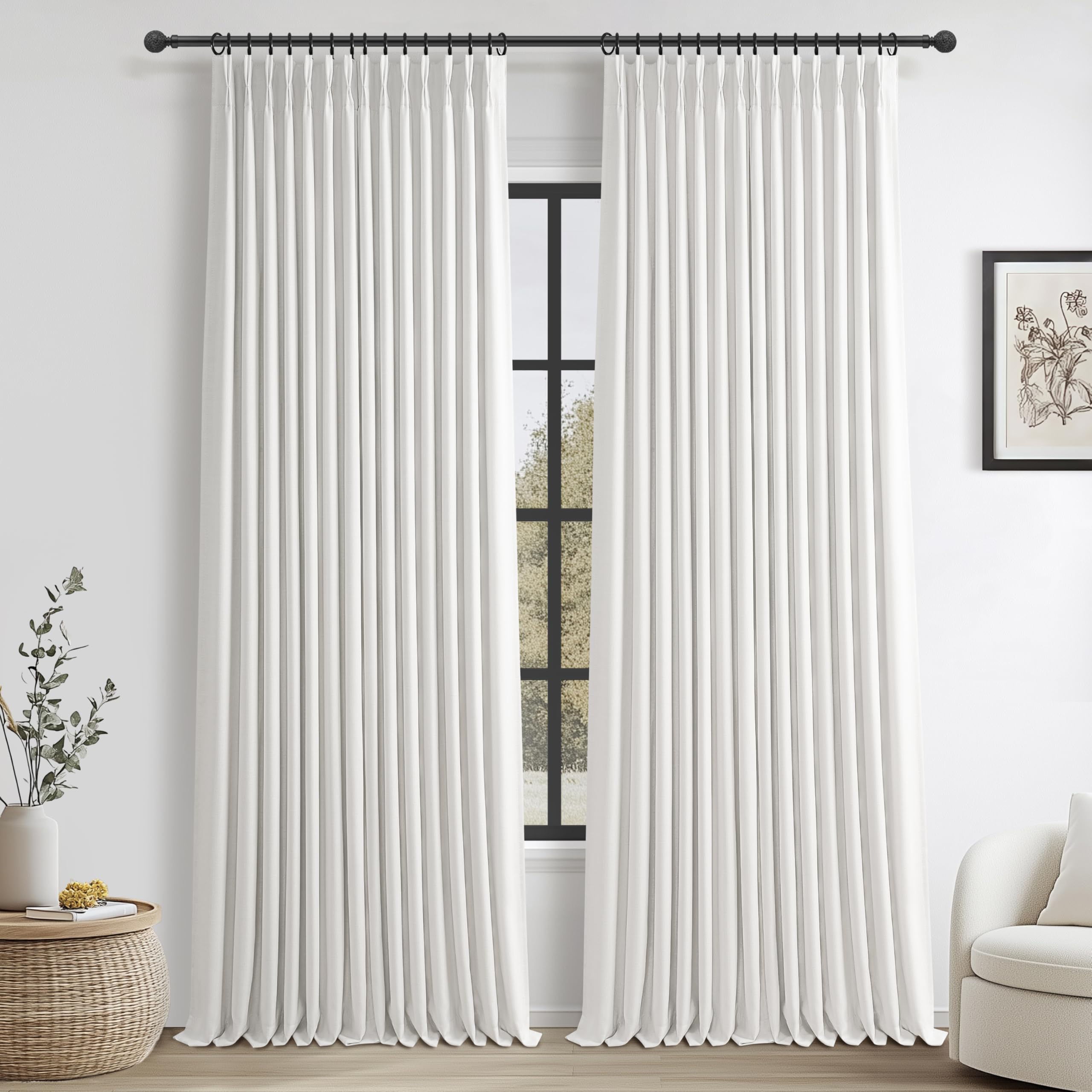 100% Blackout Linen 96 Inch Curtains 2 Panel Set for Bedroom, Modern Pinch Pleated Natural Linen Off Beige White Insulated Heavy Curtain 40 x 96 Inches Length Sliding Glass Door Room Darkening Drapes