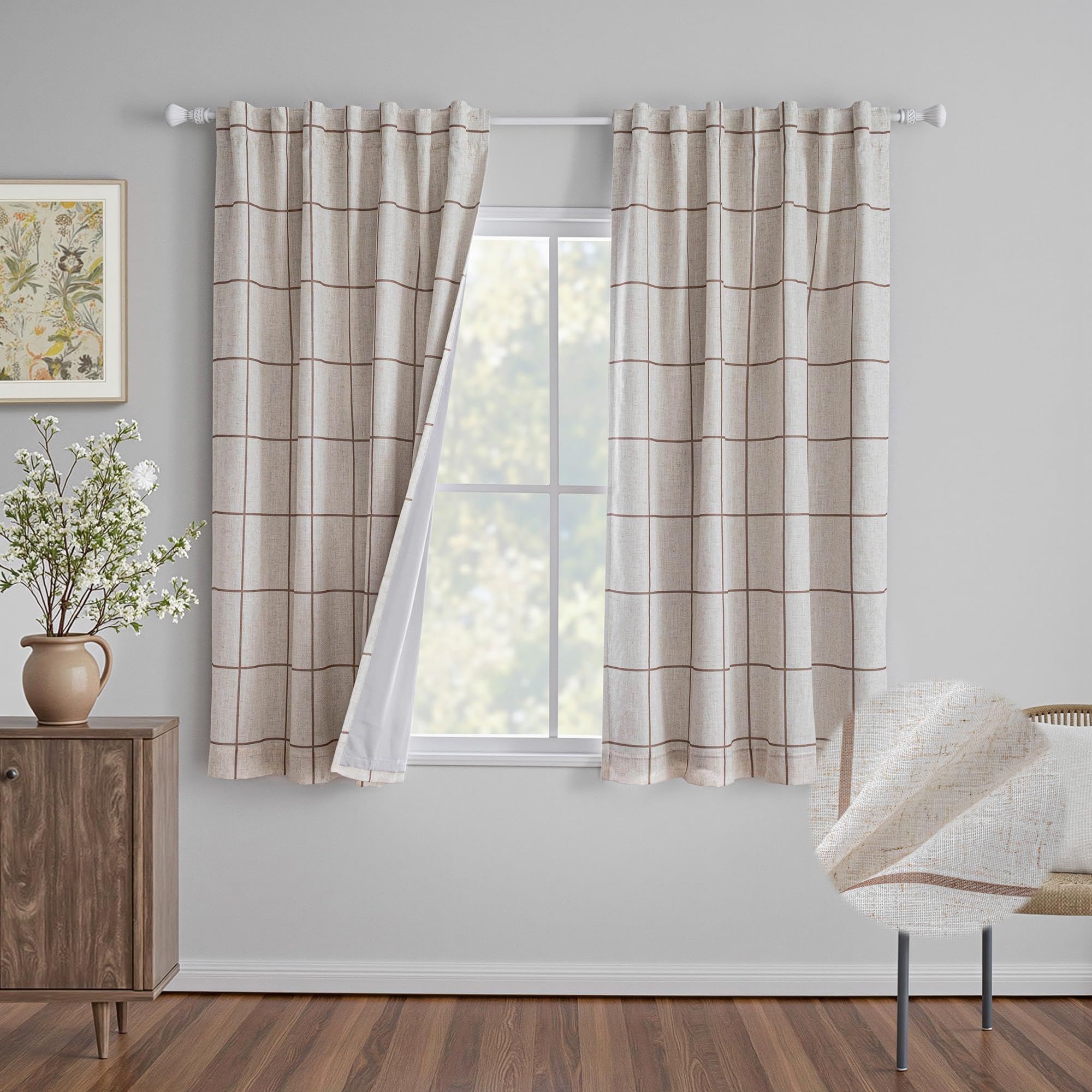 MYSKY HOME 100% Blackout Plaid Farmhouse Linen Curtains 84 Inch Long 2 Panels Set for Living Room Double Layer Windowpane Drapes Thermal Insulated Privacy Protection Rod Pocket Back Tab, 52" W, Black