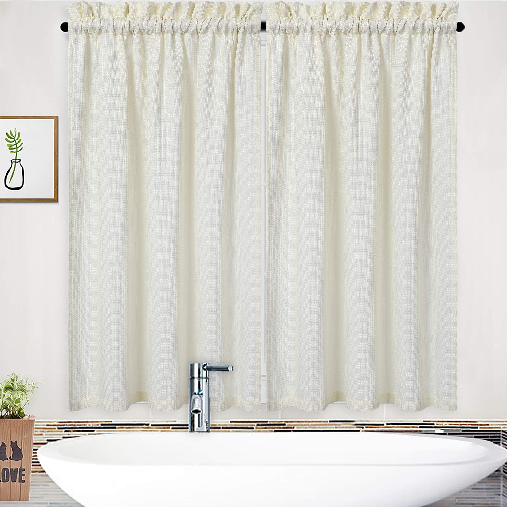 NANAN Bathroom Curtains Window, Waffle Weave Textured Short Tier Curtain, Waterproof Window Covering Kitchen Cafe Curtains - 30" x 36", Ivory, Set of 2