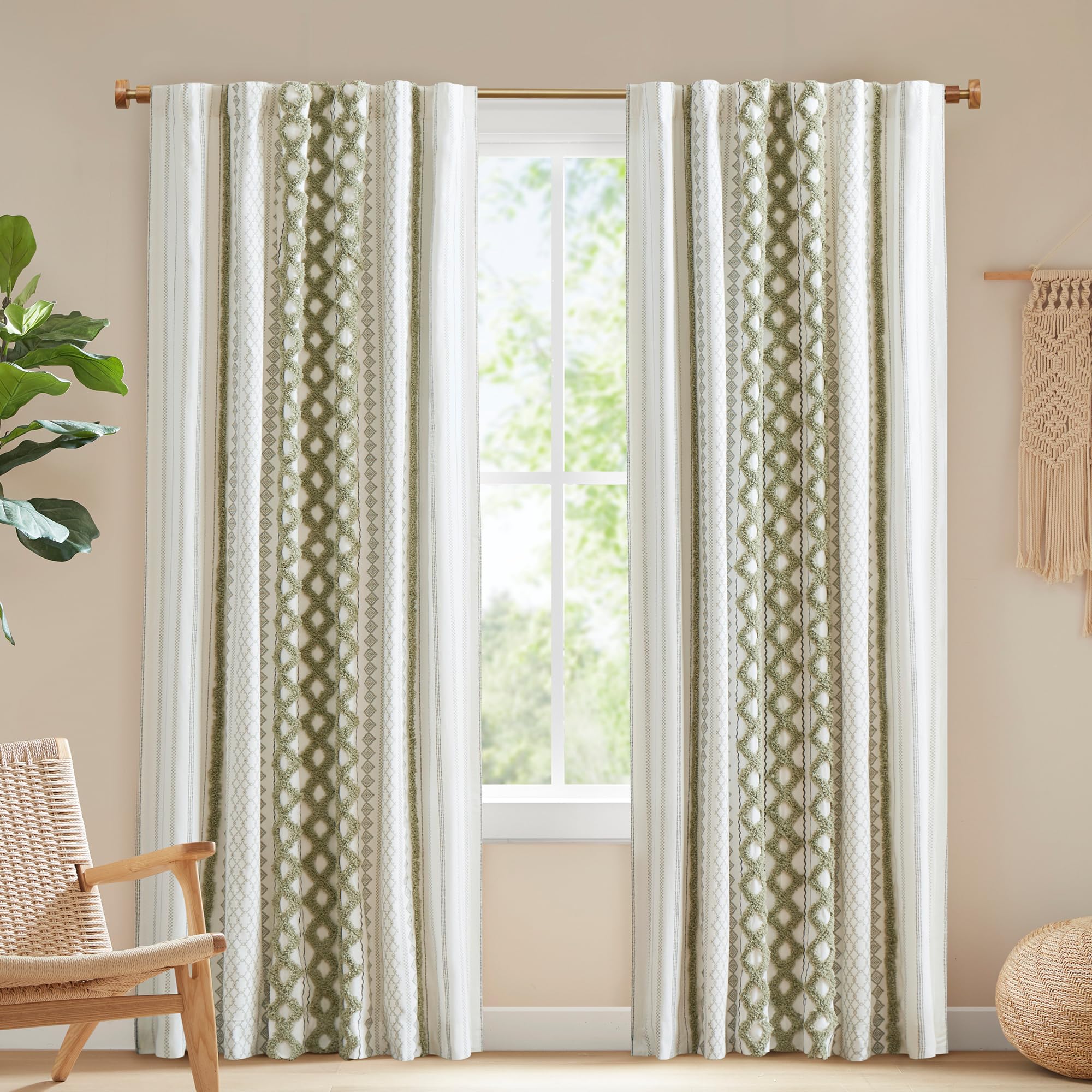 INK+IVY Imani 100% Cotton SINGLE PANEL Curtain Tufted Chenille Stripe Geometric Print Mid-Century Look Rod Pocket Top Drape for Living Room, Privacy Window Treatment for Bedroom, 50" x 84", Ivory
