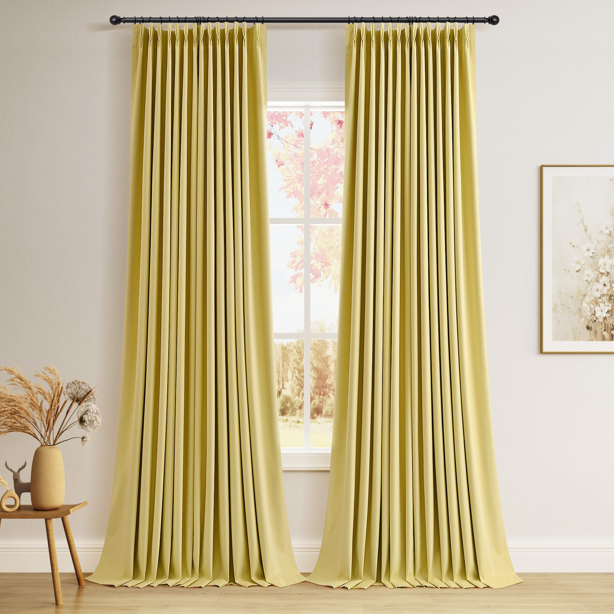 100% Blackout Sage Green Linen Curtains Pinch Pleated Green Blackout Curtains 84 Inches Long for Bedroom Living Room Memory Shaped Thermal Insulated Pinch Pleat Drapes with Hooks Rings Clips 7FT