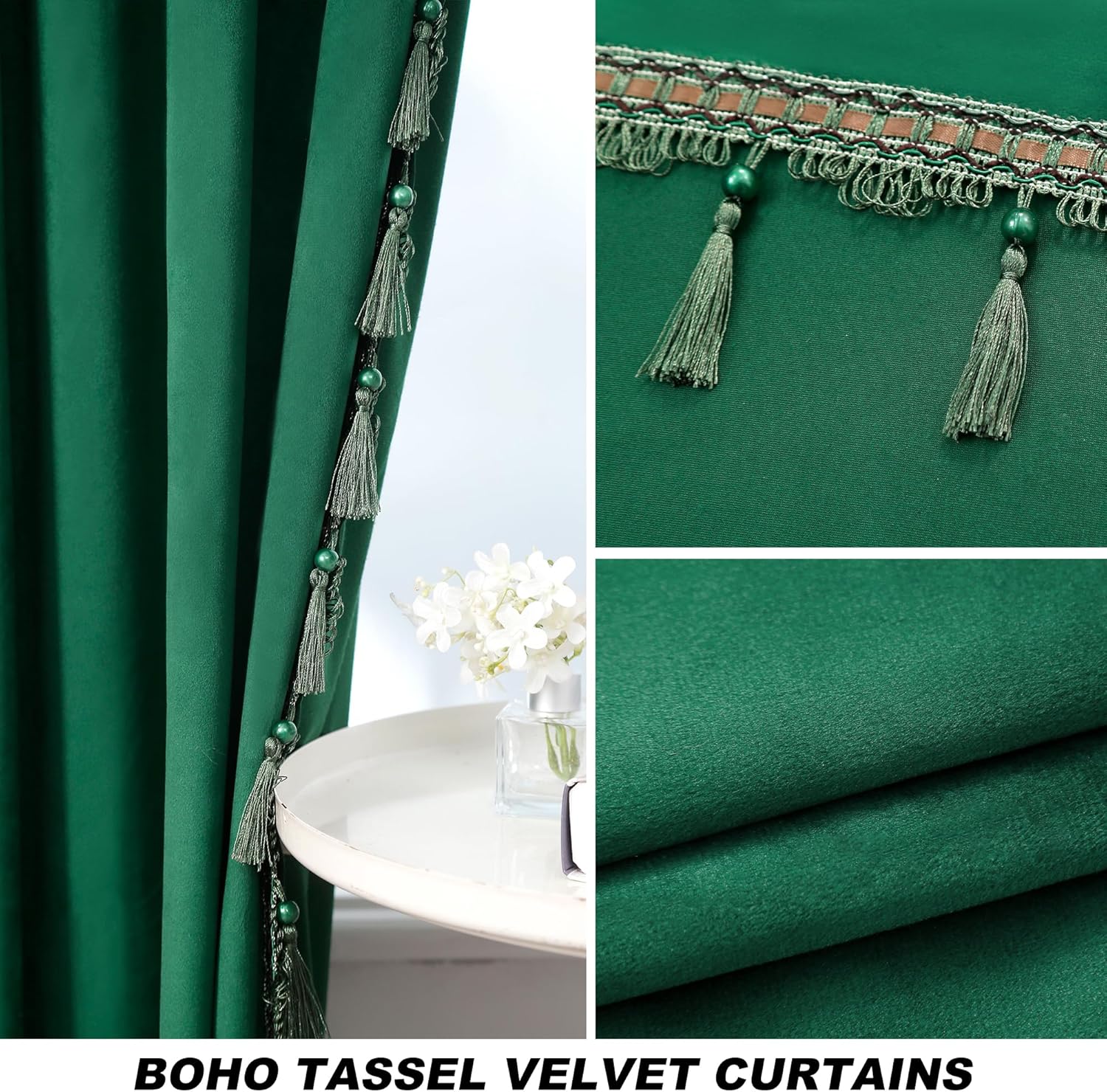 Dark Green Blackout Velvet Curtains 72 inch Length Windows Rod Pocket Drapes with Tassels Soundproof Thermal Curtains for Living room 2 Panels Set 52" x 72"