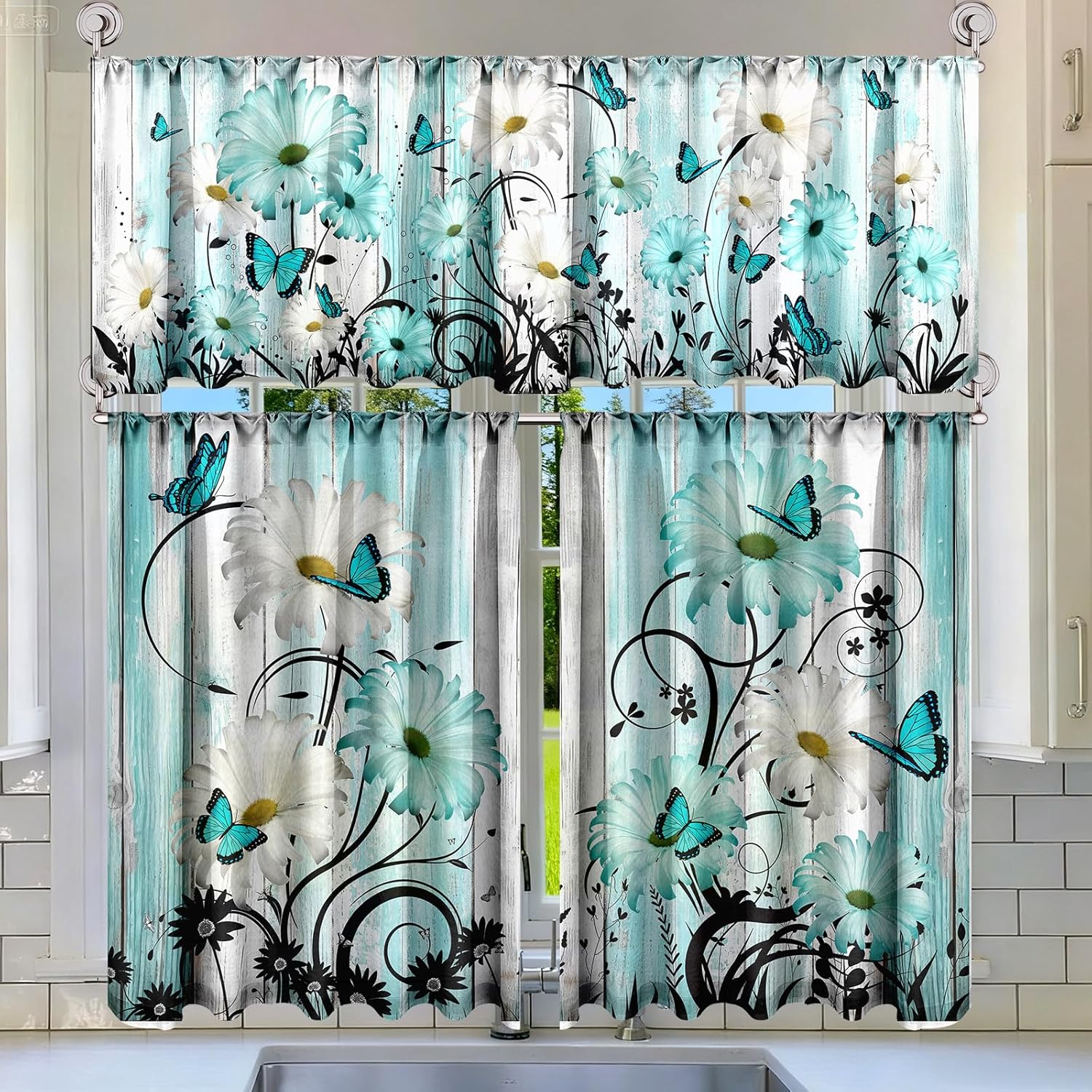 Breling 3 Pcs Teal Daisy Kitchen Curtains Valances and Tiers Set for Windows Spring Daisy Garden Flying Butterflies Boots Blue Decor Short Curtain Set for Bedroom Window Turquoise Decor Party Supplies