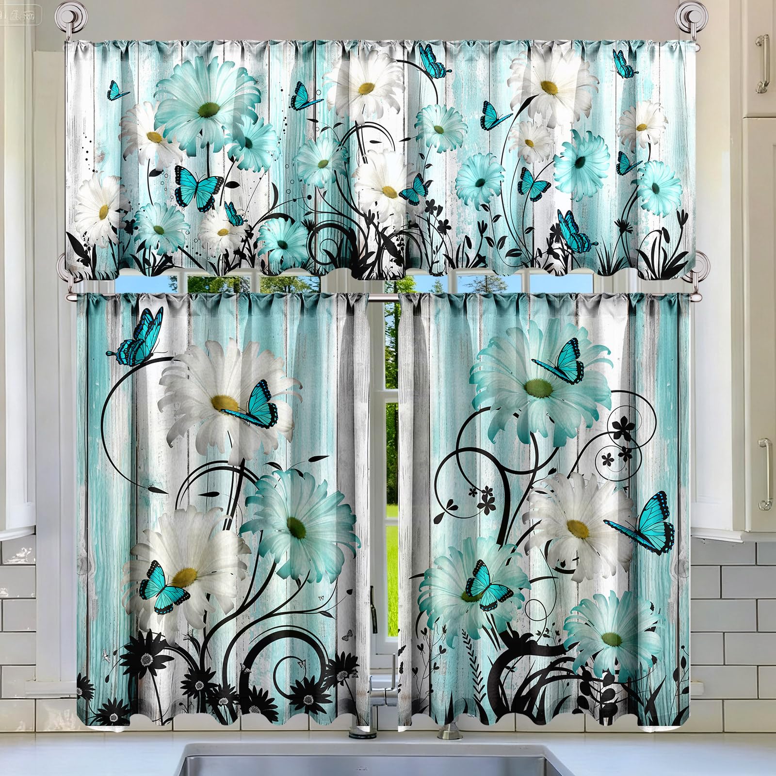 Breling 3 Pcs Teal Daisy Kitchen Curtains Valances and Tiers Set for Windows Spring Daisy Garden Flying Butterflies Boots Blue Decor Short Curtain Set for Bedroom Window Turquoise Decor Party Supplies