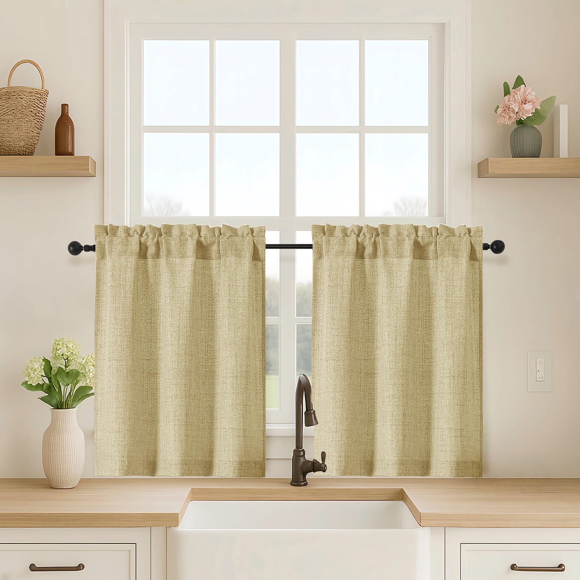 OVZME Kitchen Curtains 24 Inch Length, Light Filtering Faux Linen Textured Small Cafe Curtains, Short Window Curtain Tiers for Cabinet Bathroom Basement RV Camper, 30Wx24L Inch, 2PCS, Terracotta
