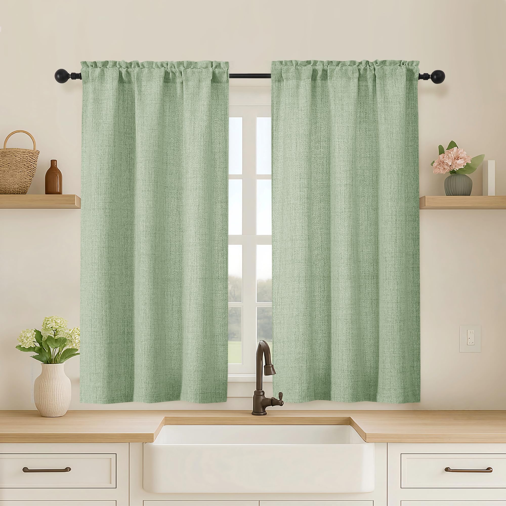 OVZME Kitchen Curtains 24 Inch Length, Light Filtering Faux Linen Textured Small Cafe Curtains, Short Window Curtain Tiers for Cabinet Bathroom Basement RV Camper, 30Wx24L Inch, 2PCS, Terracotta