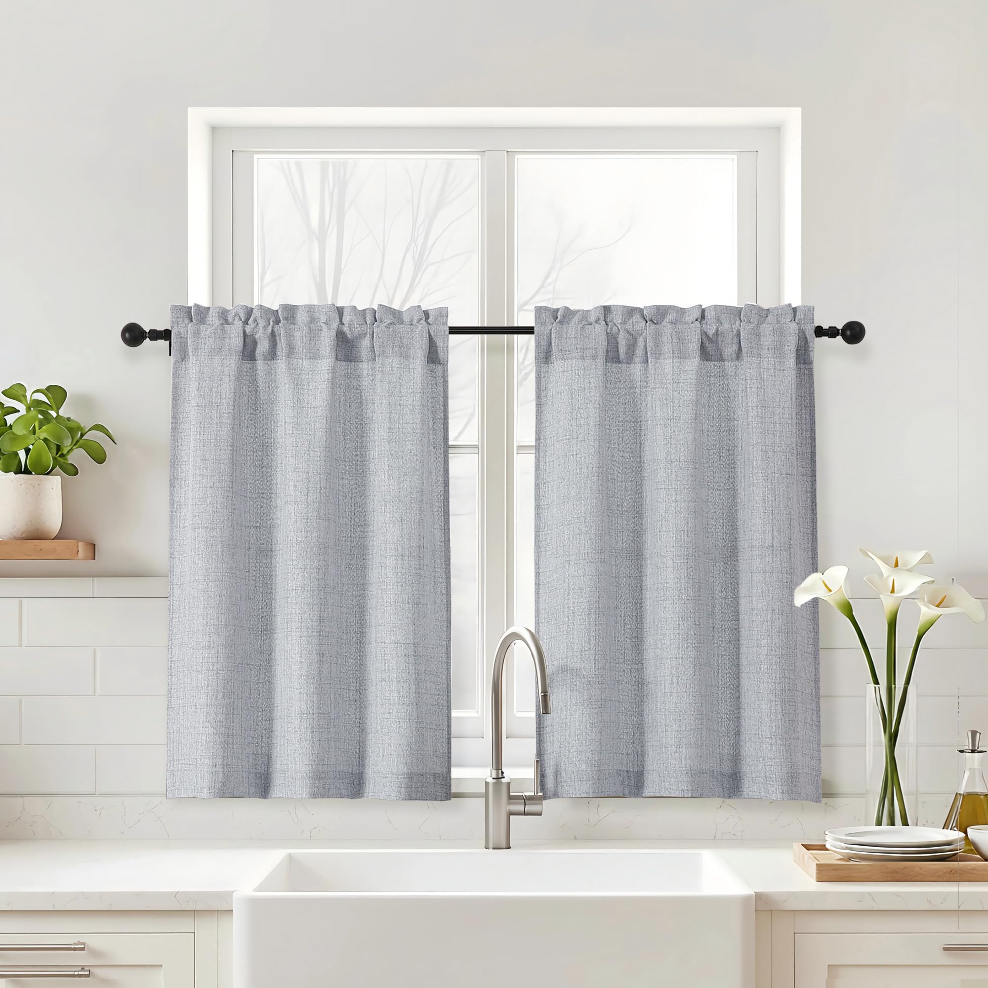 Navy Blue Kitchen Curtains 24 Inch Length - Faux Linen Textured Light Filtering Short Curtains for Bathroom, Rod Pocket Small Kitchen Window Curtains Over Sink, 2 Panels, 30Wx24L Inches