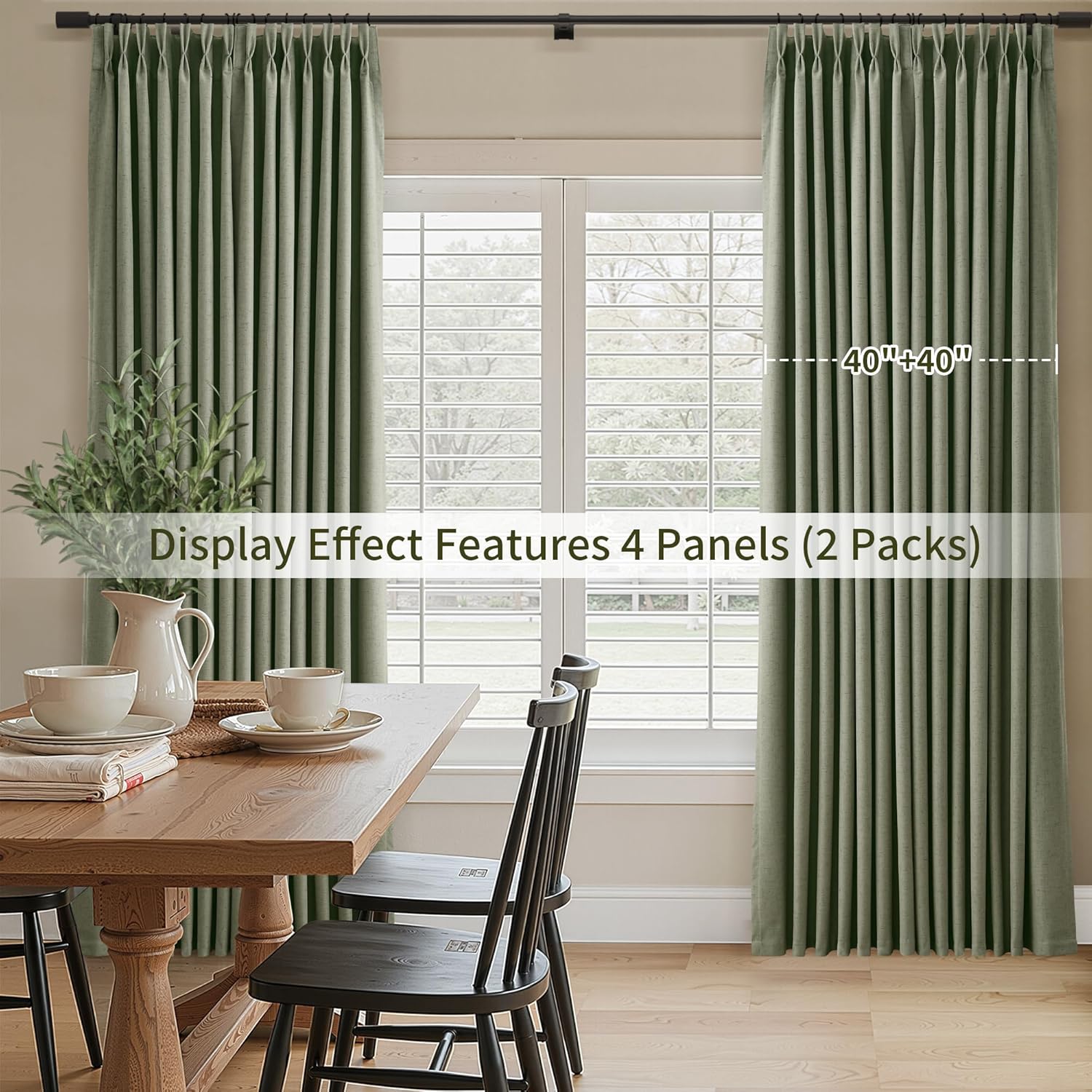 100% Blackout Sage Green Linen Curtains Pinch Pleated Green Blackout Curtains 84 Inches Long for Bedroom Living Room Memory Shaped Thermal Insulated Pinch Pleat Drapes with Hooks Rings Clips 7FT