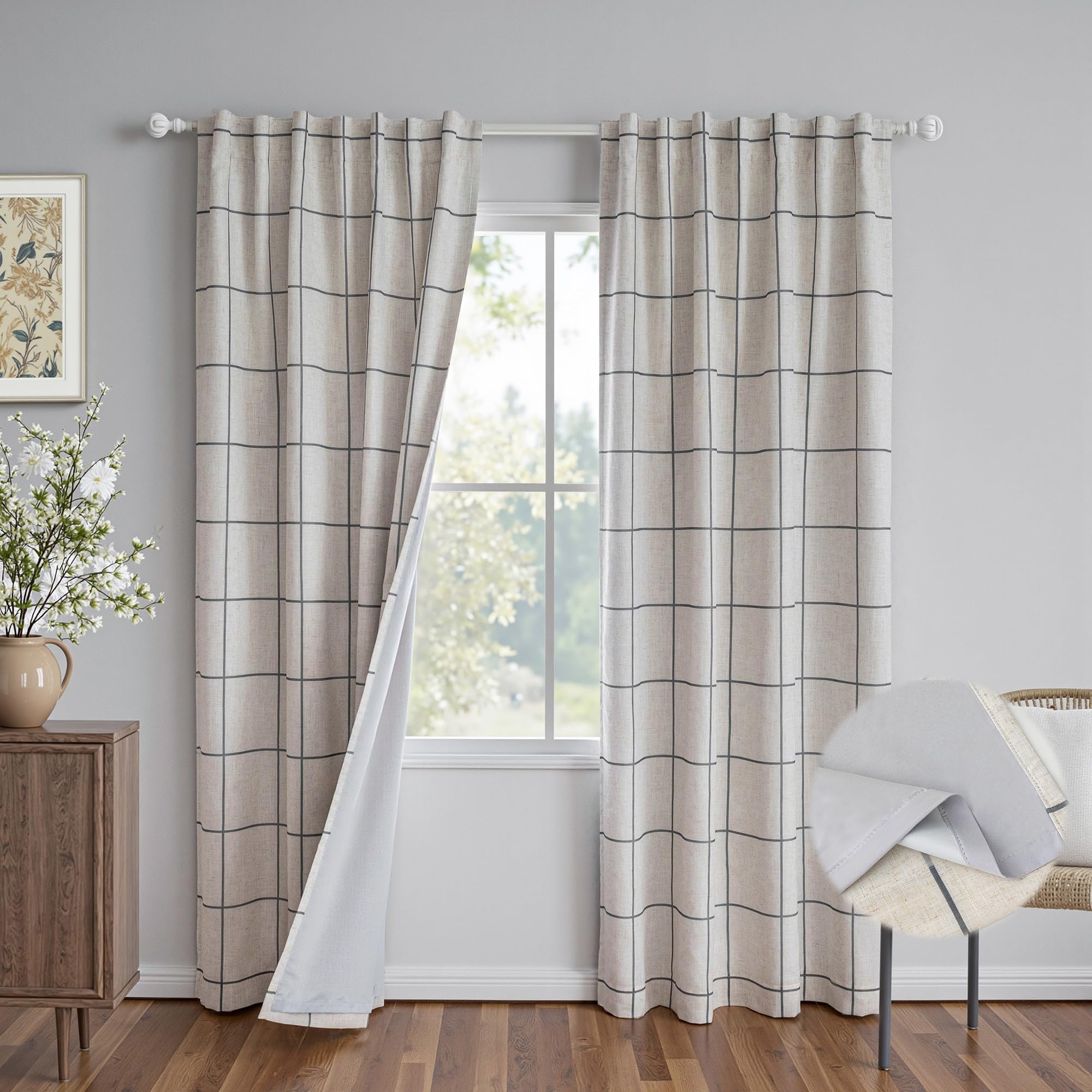 MYSKY HOME 100% Blackout Plaid Farmhouse Linen Curtains 84 Inch Long 2 Panels Set for Living Room Double Layer Windowpane Drapes Thermal Insulated Privacy Protection Rod Pocket Back Tab, 52" W, Black