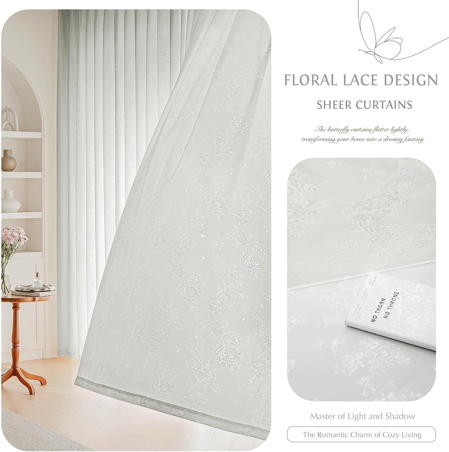 Beauoop Grey Floral Jacquard Sheer Curtains 84 Inches Long 2 Panels for Living Room Bedroom Semi Lace Flower Privacy Light Filtering Non-See-Through Velvet Textured Grommet Window Drapes, 52x84 2 Set