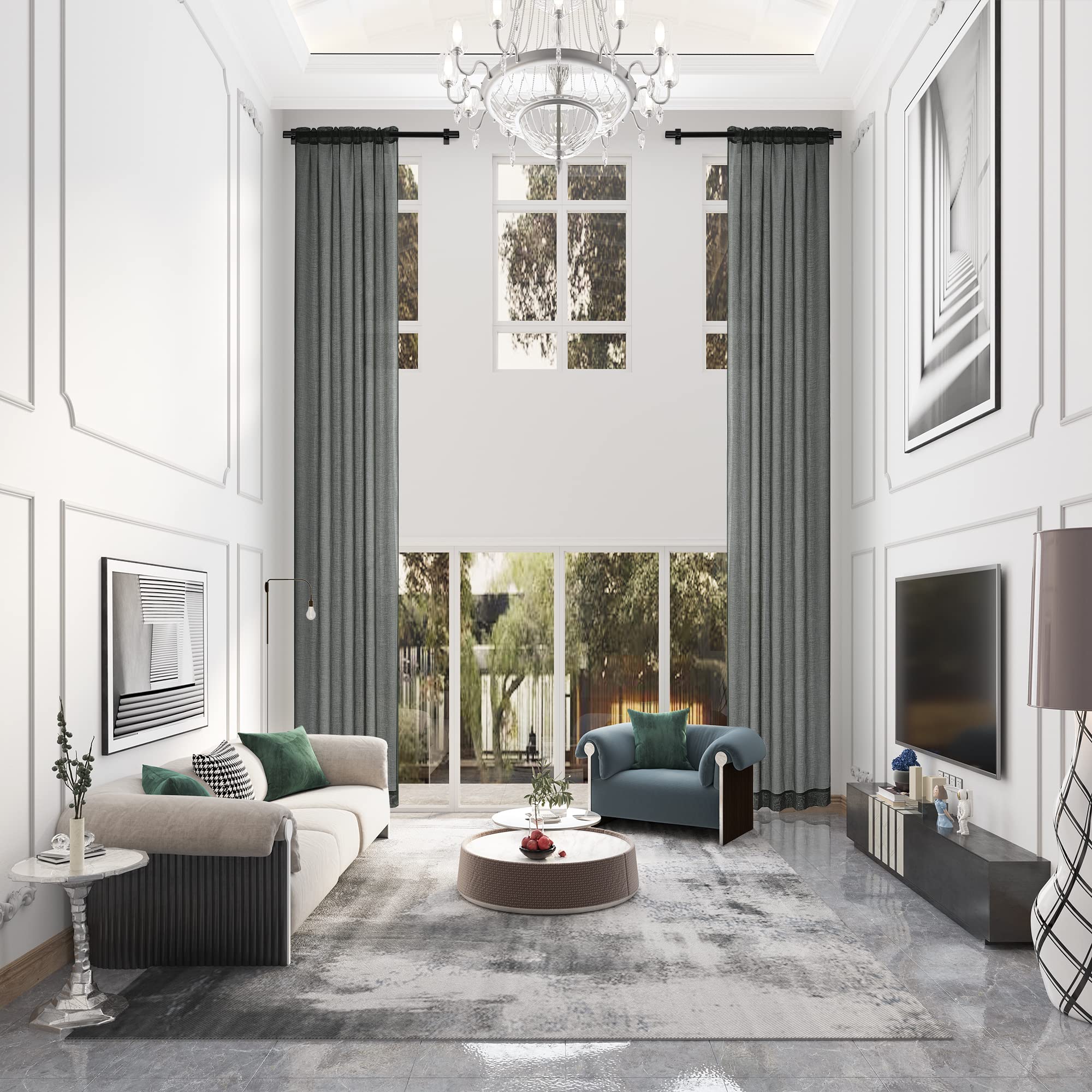 MASWOND Extra Long Faux Linen Sheer Curtain, High Ceilings, Rod Pocket Translucent Voile Sheer Breathable Curtain Panels for Living Room, Custom Made 16ft Length, 50" W x 192" L, White, 1 Panel