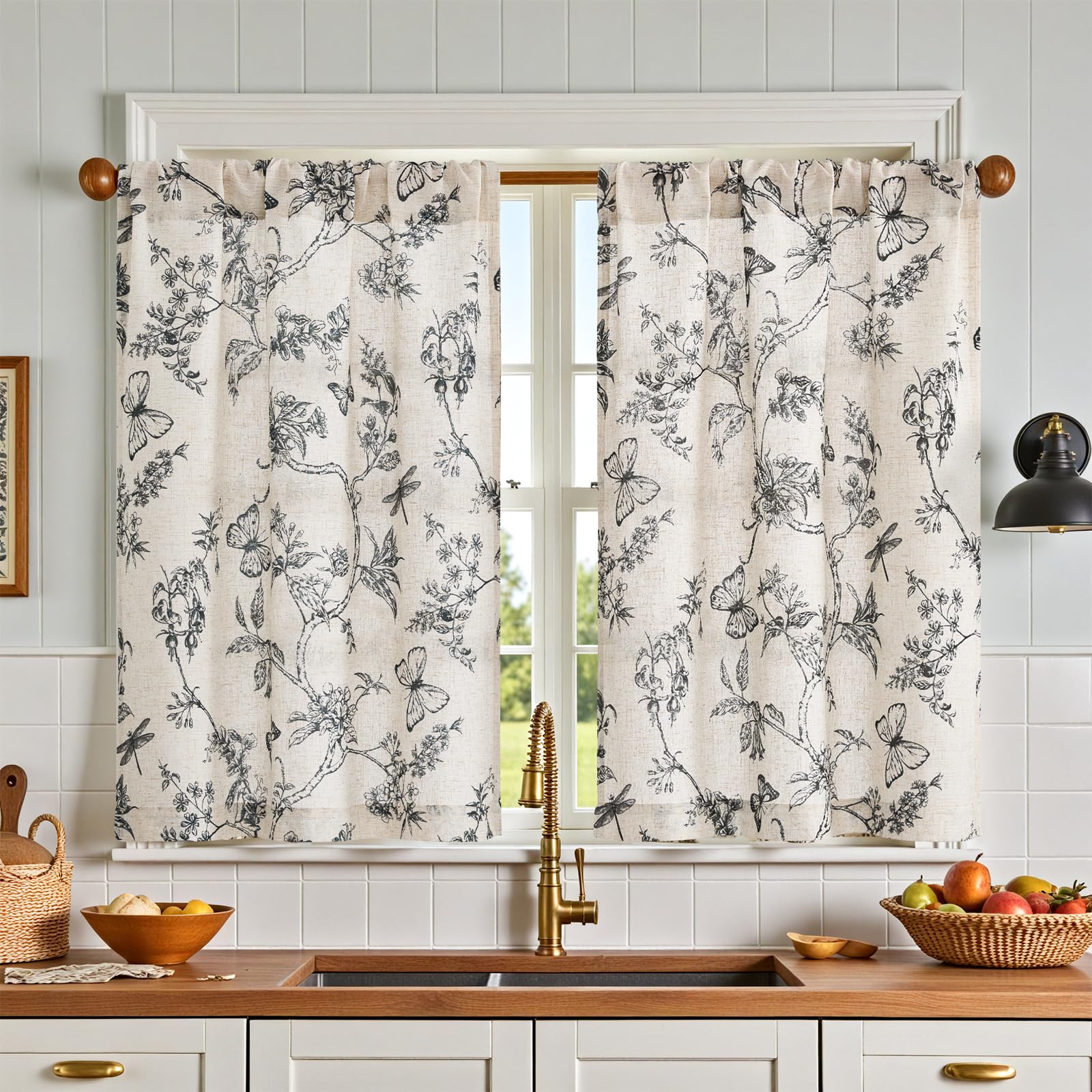 jinchan Linen Kitchen Curtains 24 Inch Vintage Floral Tier Curtains Farmhouse Cottage Cafe Rod Pocket Country Small Window for Laundry Room Bathroom RV 2 Panels Blue on Beige