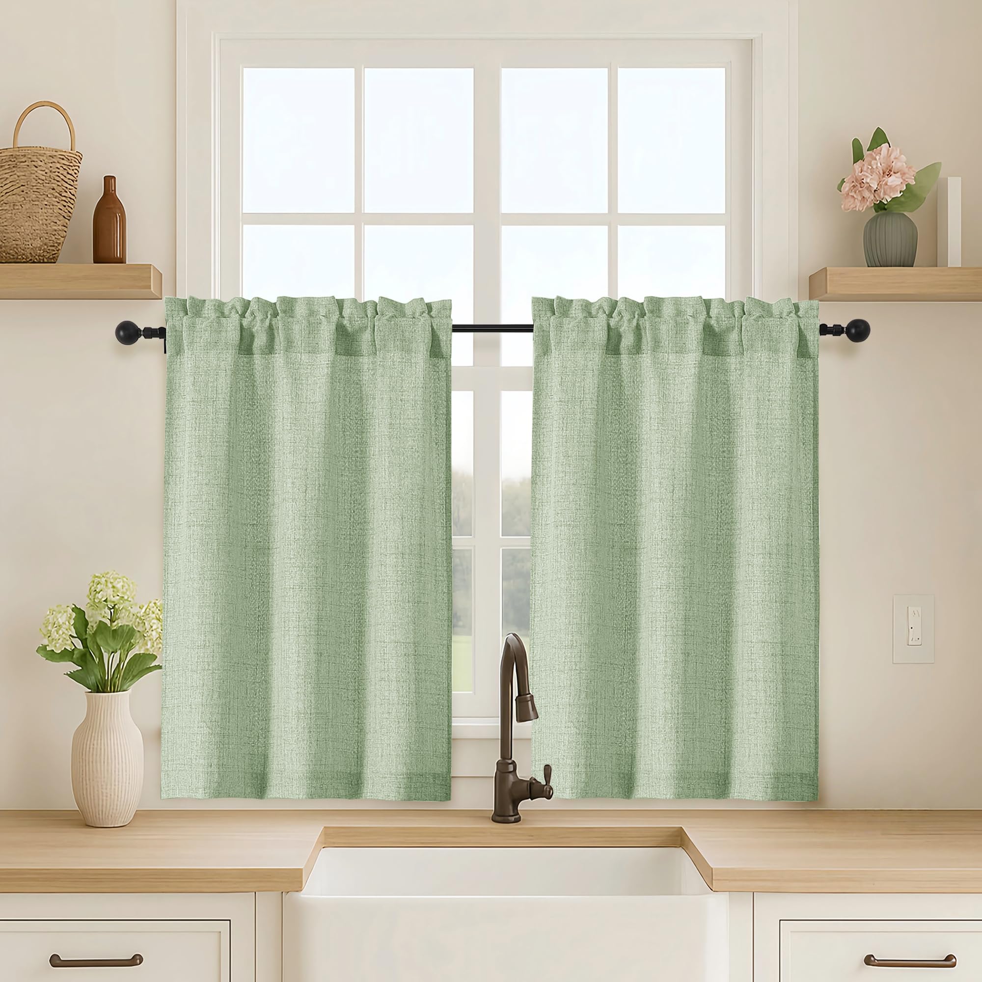 OVZME Kitchen Curtains 24 Inch Length, Light Filtering Faux Linen Textured Small Cafe Curtains, Short Window Curtain Tiers for Cabinet Bathroom Basement RV Camper, 30Wx24L Inch, 2PCS, Terracotta