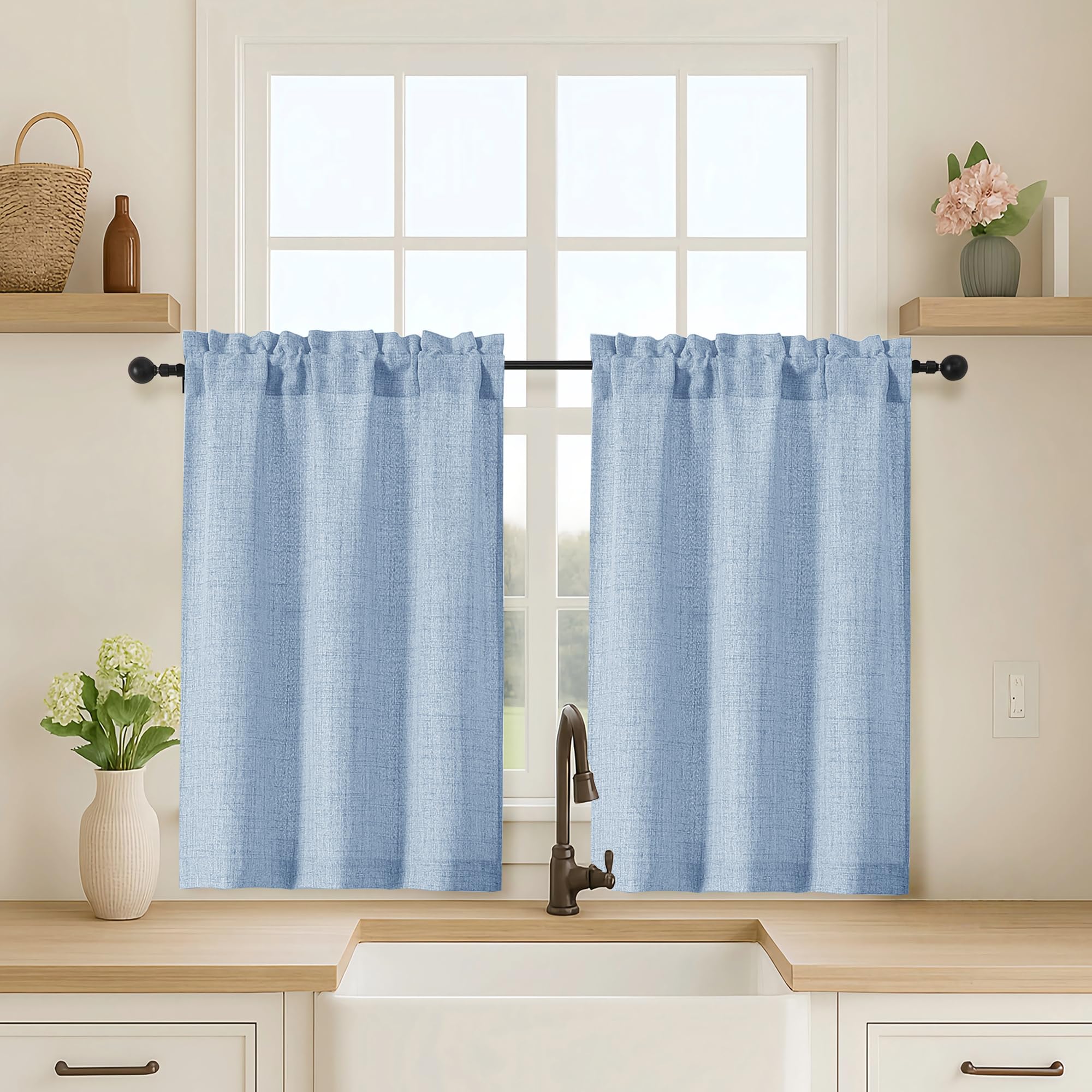 OVZME Kitchen Curtains 24 Inch Length, Light Filtering Faux Linen Textured Small Cafe Curtains, Short Window Curtain Tiers for Cabinet Bathroom Basement RV Camper, 30Wx24L Inch, 2PCS, Terracotta