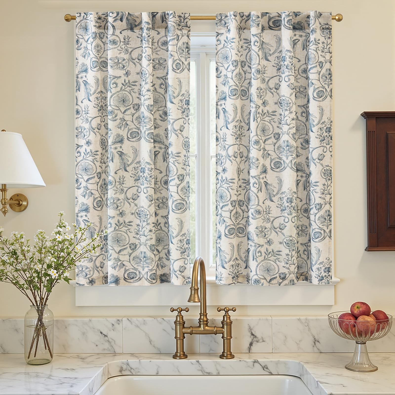 jinchan Linen Kitchen Curtains 24 Inch Vintage Floral Tier Curtains Farmhouse Cottage Cafe Rod Pocket Country Small Window for Laundry Room Bathroom RV 2 Panels Blue on Beige