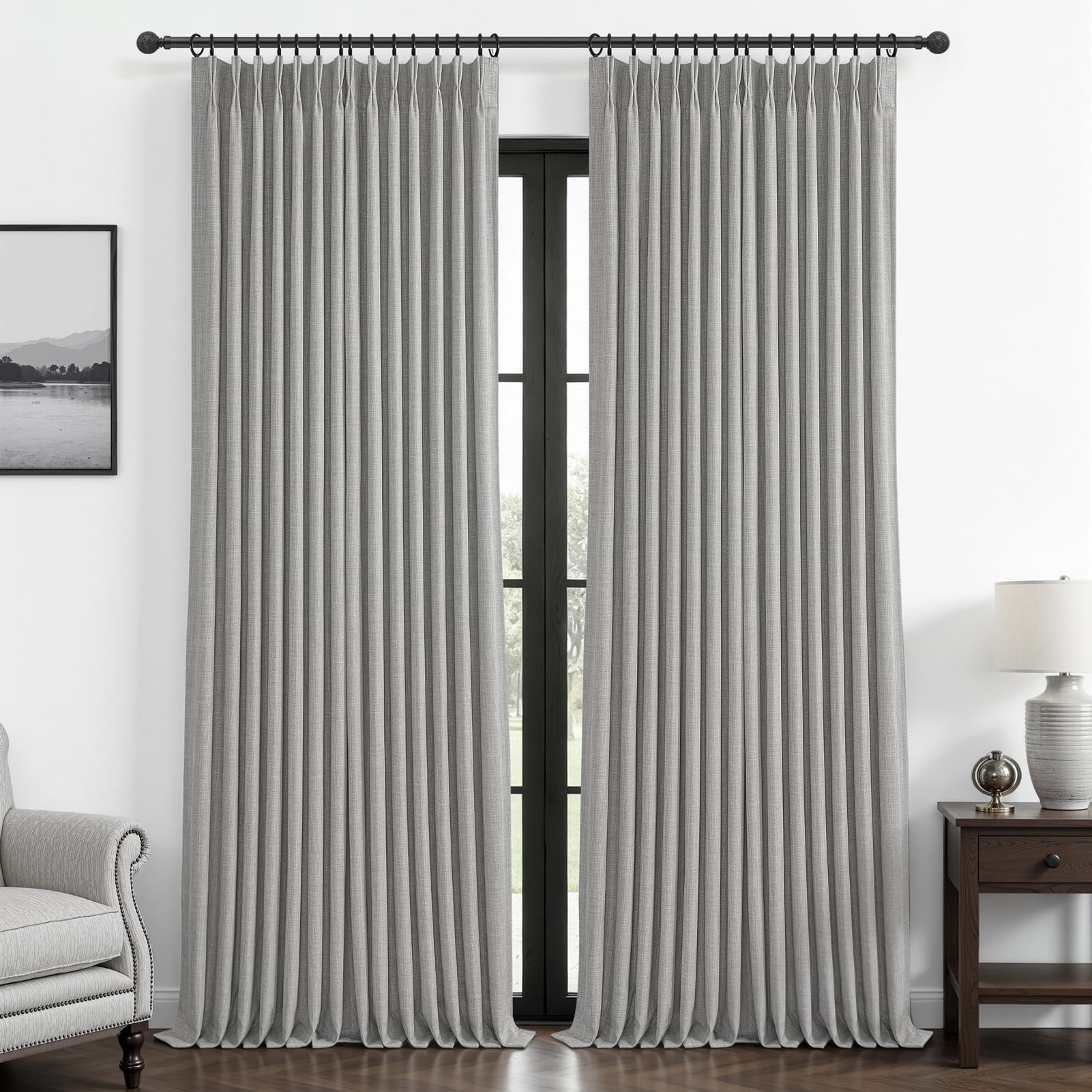 100% Blackout Linen 96 Inch Curtains 2 Panel Set for Bedroom, Modern Pinch Pleated Natural Linen Off Beige White Insulated Heavy Curtain 40 x 96 Inches Length Sliding Glass Door Room Darkening Drapes