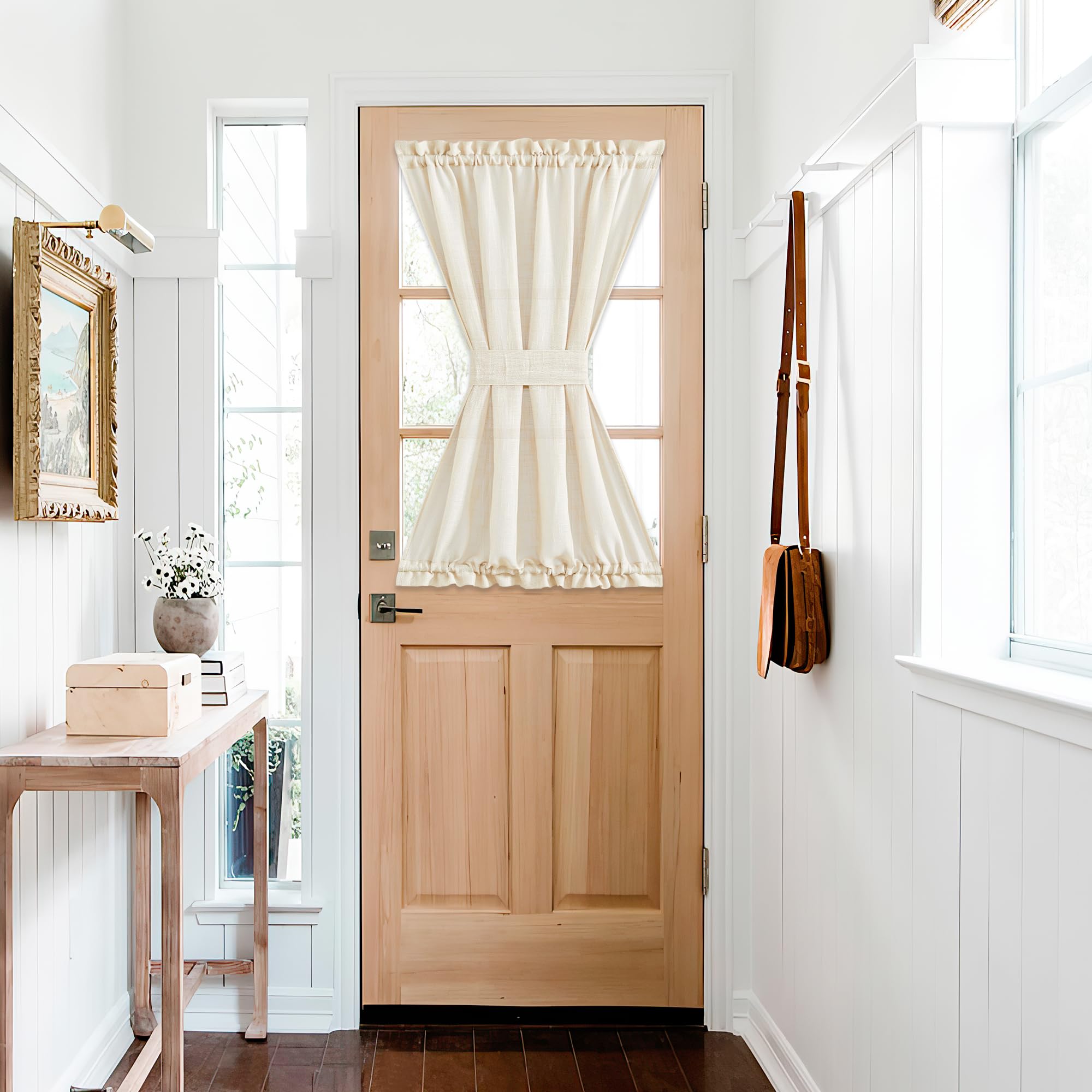 NICETOWN Front Door Curtain - Soft Beige Linen Weave Pattern Door Shade for Windows Light Filtering Rod Pocket French Window Cover for Entryway/Garage with Tieback, 1 Panel, 26" W x 40" L