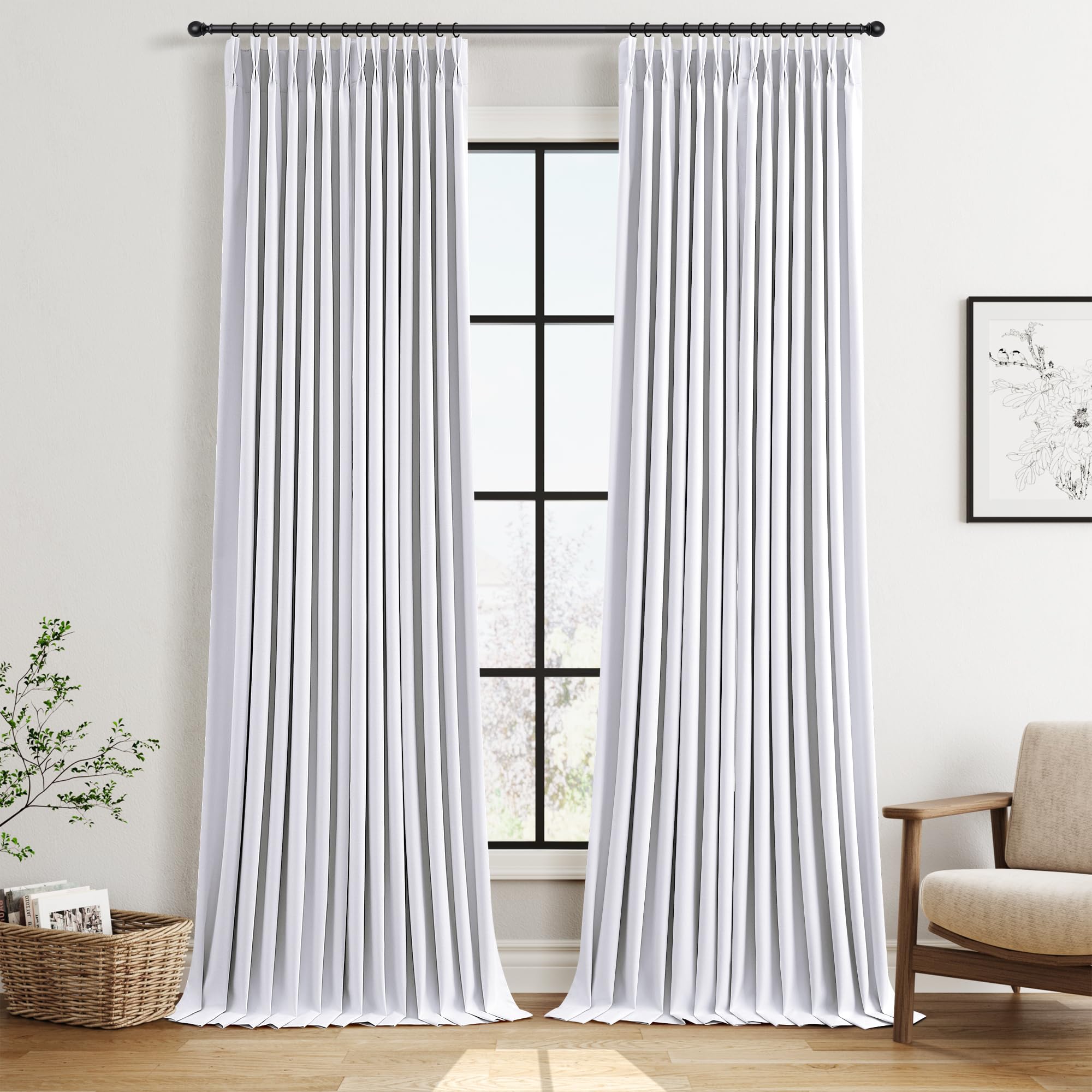 100% Blackout Sage Green Linen Curtains Pinch Pleated Green Blackout Curtains 84 Inches Long for Bedroom Living Room Memory Shaped Thermal Insulated Pinch Pleat Drapes with Hooks Rings Clips 7FT