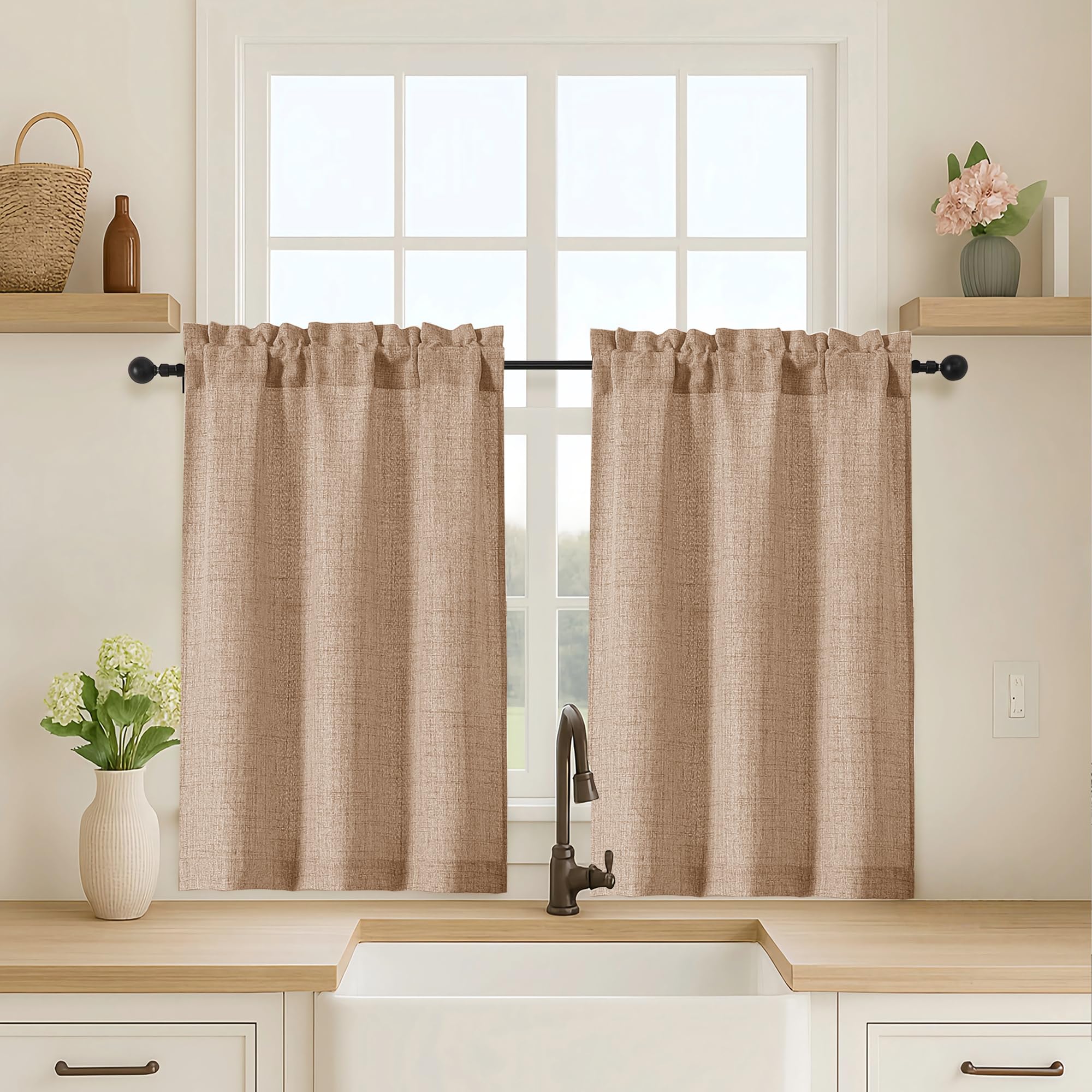 OVZME Kitchen Curtains 24 Inch Length, Light Filtering Faux Linen Textured Small Cafe Curtains, Short Window Curtain Tiers for Cabinet Bathroom Basement RV Camper, 30Wx24L Inch, 2PCS, Terracotta