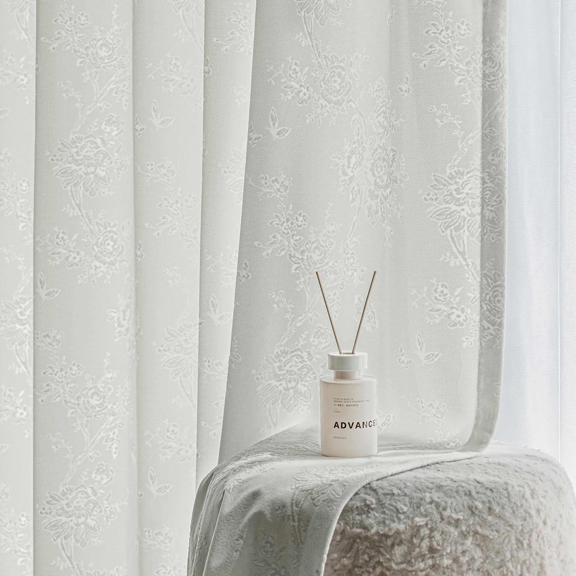 Beauoop Grey Floral Jacquard Sheer Curtains 84 Inches Long 2 Panels for Living Room Bedroom Semi Lace Flower Privacy Light Filtering Non-See-Through Velvet Textured Grommet Window Drapes, 52x84 2 Set