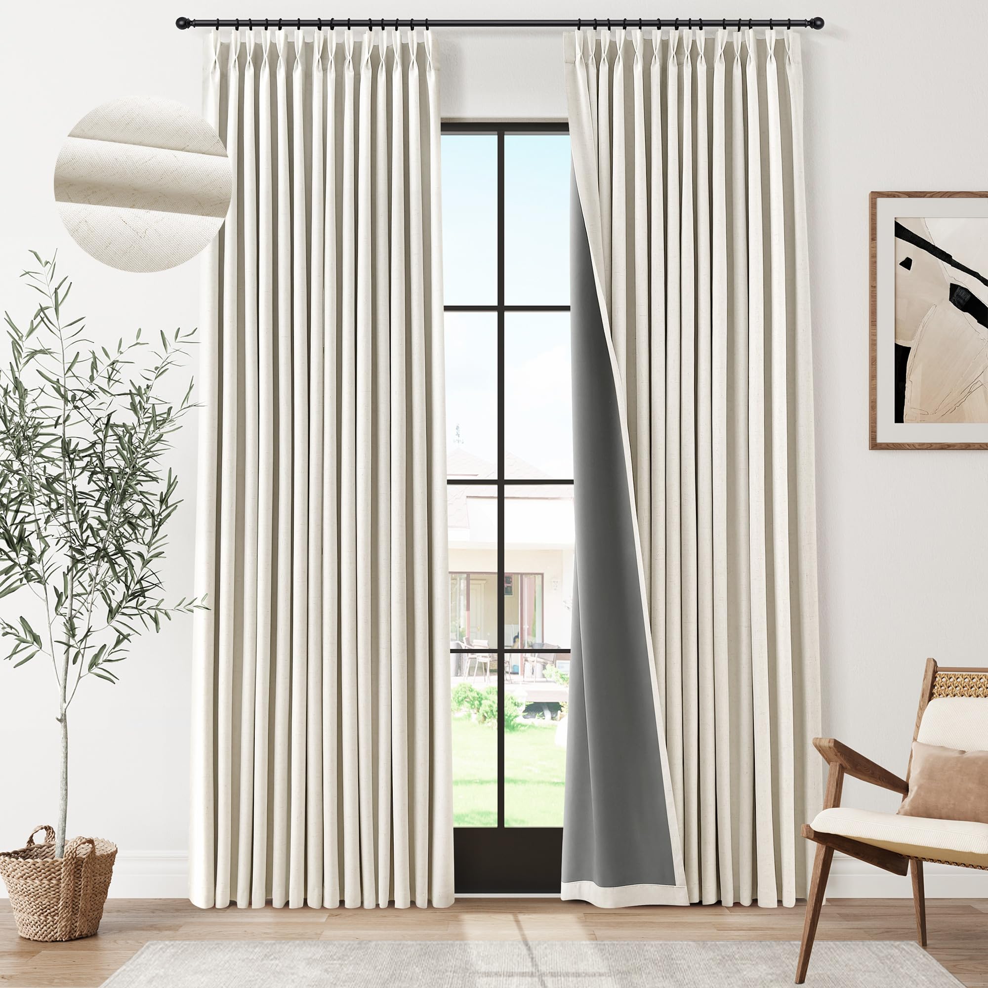 100% Blackout Sage Green Linen Curtains Pinch Pleated Green Blackout Curtains 84 Inches Long for Bedroom Living Room Memory Shaped Thermal Insulated Pinch Pleat Drapes with Hooks Rings Clips 7FT