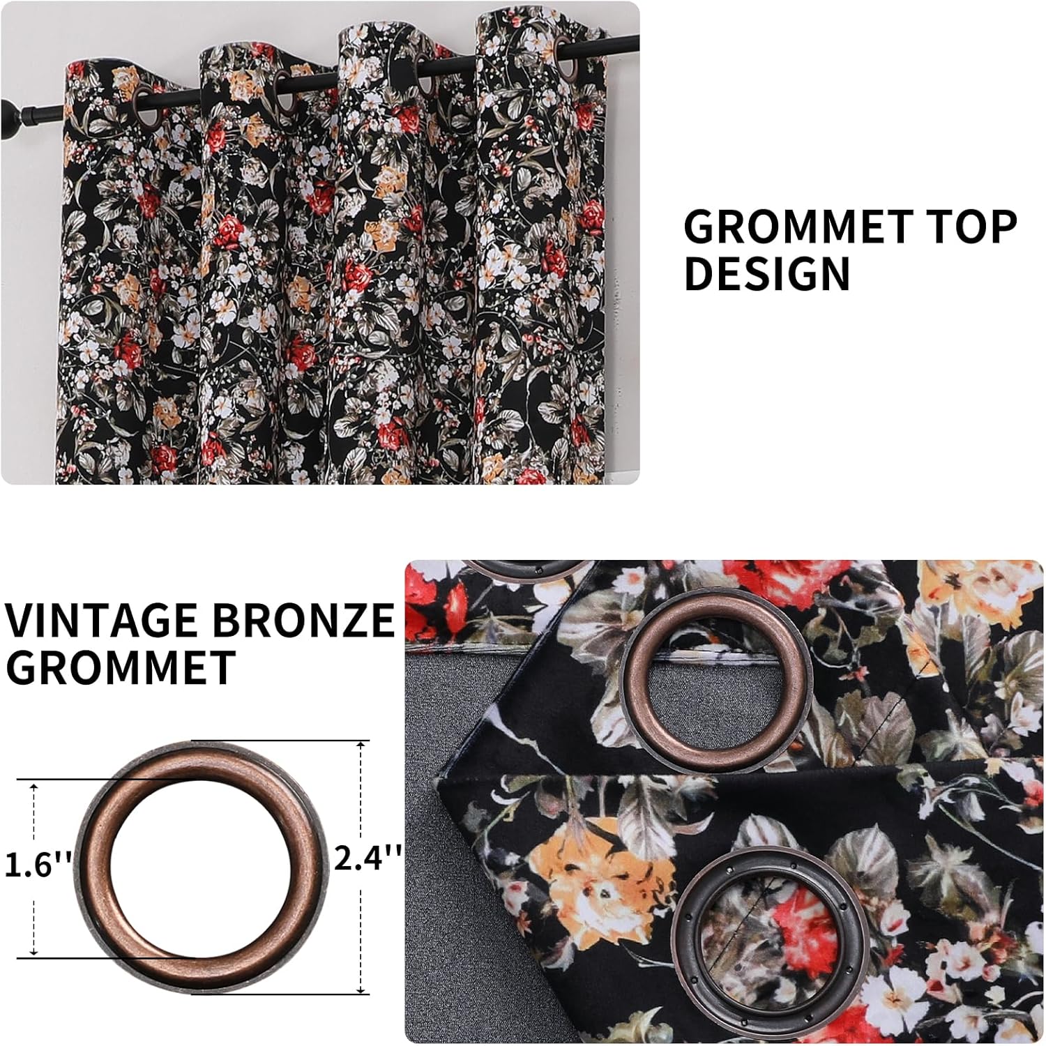 Estelar Textiler Black Velvet Blackout Curtains 84 Inch Long for Living Room, Luxury Floral Printed Energy Saving Thermal Insulated Light Blocking Window Grommet Drapes for Bedroom, 52Wx84L, 2 Panels