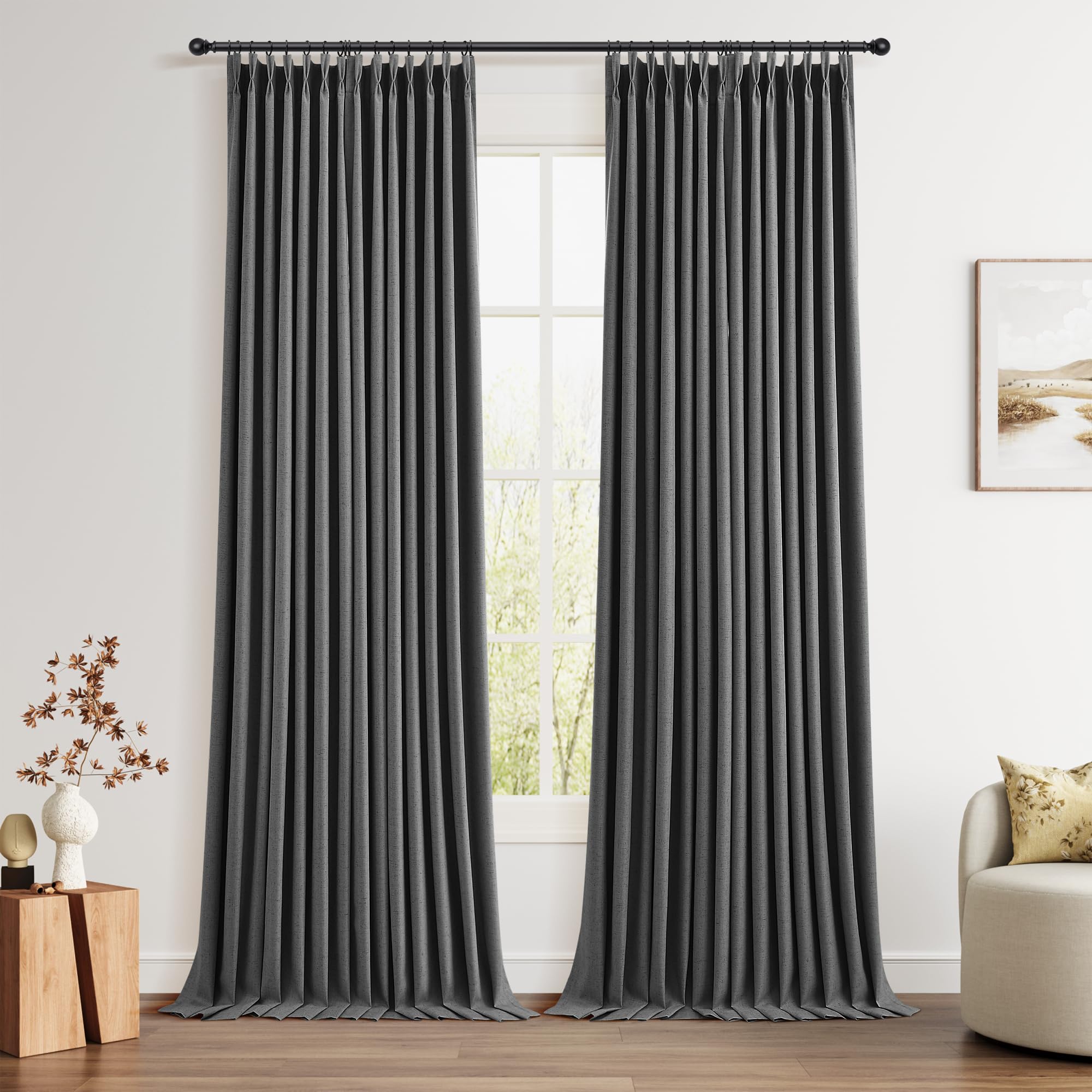100% Blackout Sage Green Linen Curtains Pinch Pleated Green Blackout Curtains 84 Inches Long for Bedroom Living Room Memory Shaped Thermal Insulated Pinch Pleat Drapes with Hooks Rings Clips 7FT