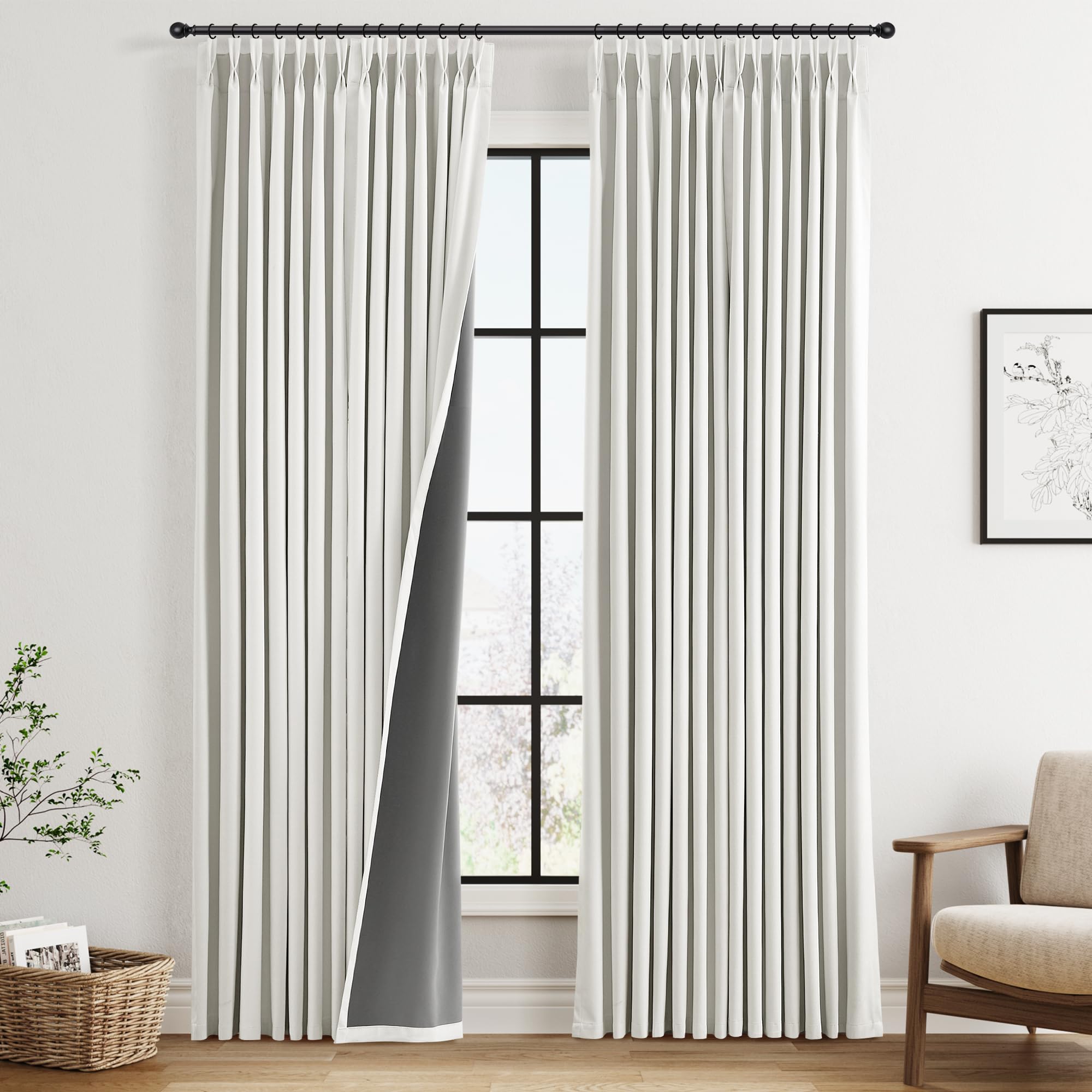 100% Blackout Sage Green Linen Curtains Pinch Pleated Green Blackout Curtains 84 Inches Long for Bedroom Living Room Memory Shaped Thermal Insulated Pinch Pleat Drapes with Hooks Rings Clips 7FT