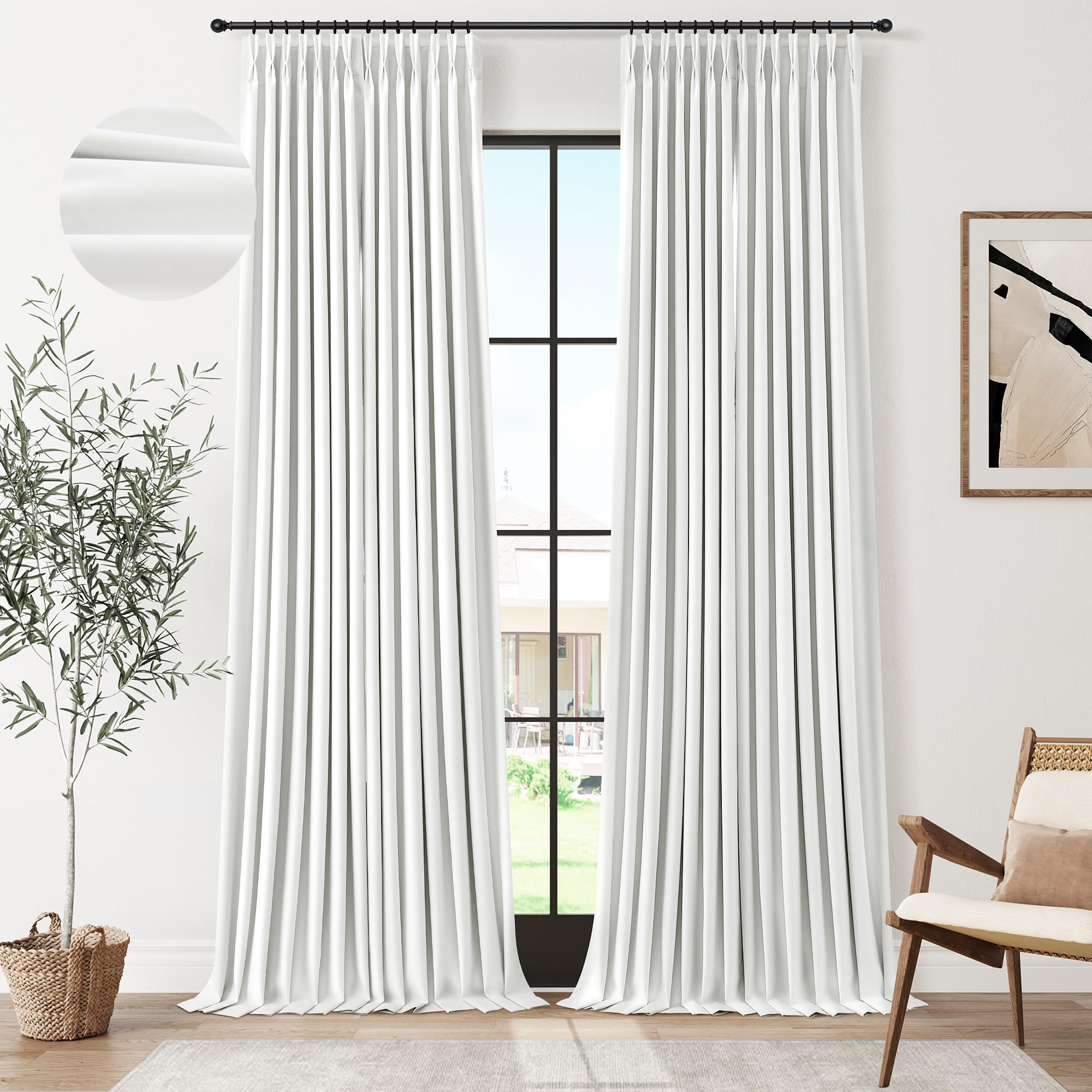 100% Blackout Sage Green Linen Curtains Pinch Pleated Green Blackout Curtains 84 Inches Long for Bedroom Living Room Memory Shaped Thermal Insulated Pinch Pleat Drapes with Hooks Rings Clips 7FT