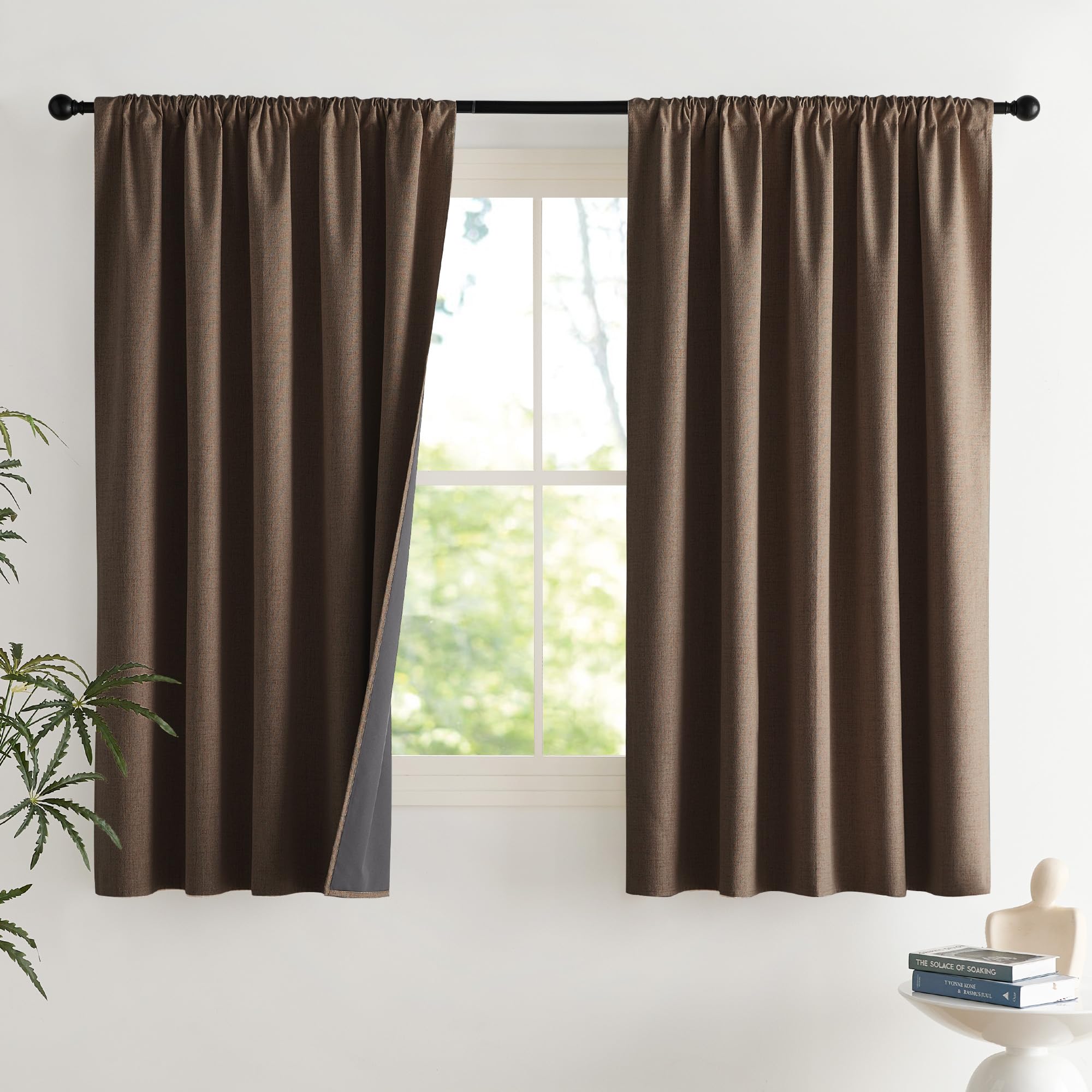 NICETOWN 100% Blackout Curtains for Bedroom, Living Room - Linen Textured Thermal Insulated Drapes Rod Pocket Top, Black Out Curtains with Grey Liner for Privacy, Natural, W52 x L80 in, 2 Panels