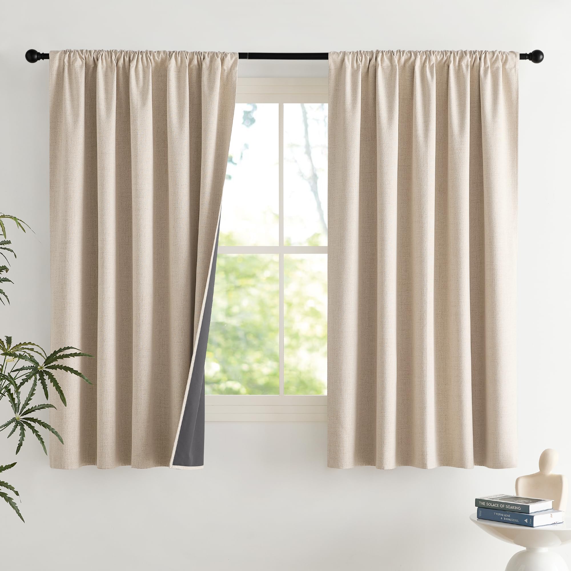 NICETOWN 100% Blackout Curtains for Bedroom, Living Room - Linen Textured Thermal Insulated Drapes Rod Pocket Top, Black Out Curtains with Grey Liner for Privacy, Natural, W52 x L80 in, 2 Panels