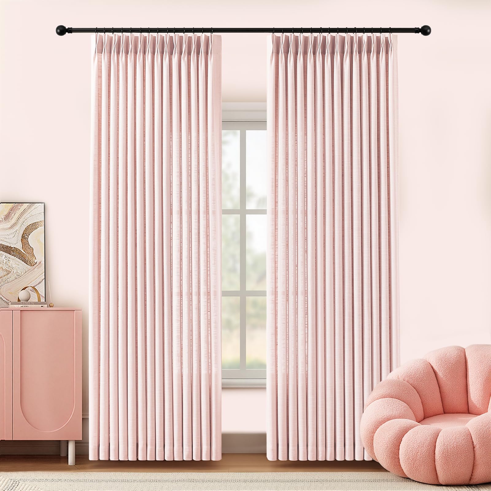 Pinch Pleated Curtains 100% Blackout Linen Curtains 95 Inches Long for Bedroom Living Room, Natural Memory Trained Thermal Insulated Room Darkening Window Pleat Drapes with Hooks, 2 Panels, 40"Wx95"L