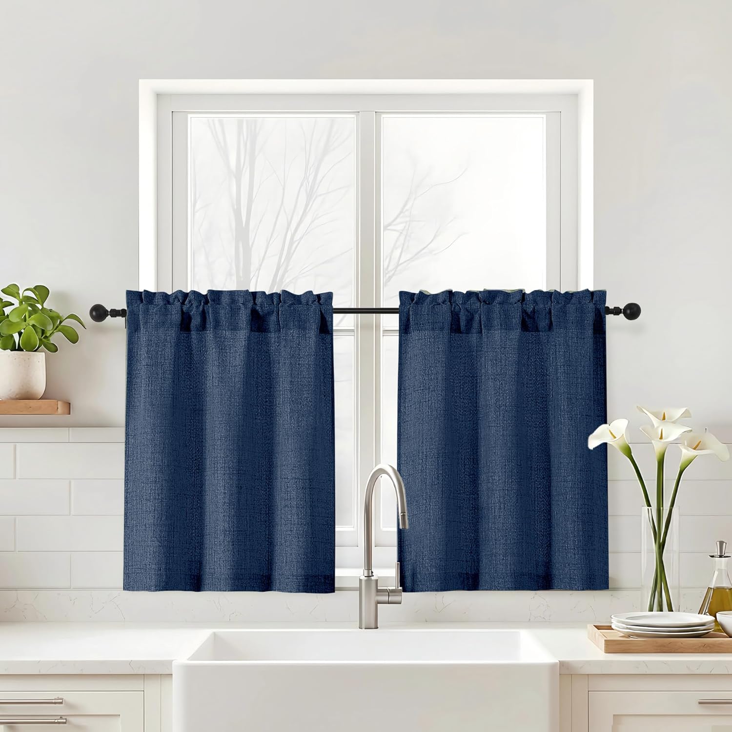 Navy Blue Kitchen Curtains 24 Inch Length - Faux Linen Textured Light Filtering Short Curtains for Bathroom, Rod Pocket Small Kitchen Window Curtains Over Sink, 2 Panels, 30Wx24L Inches