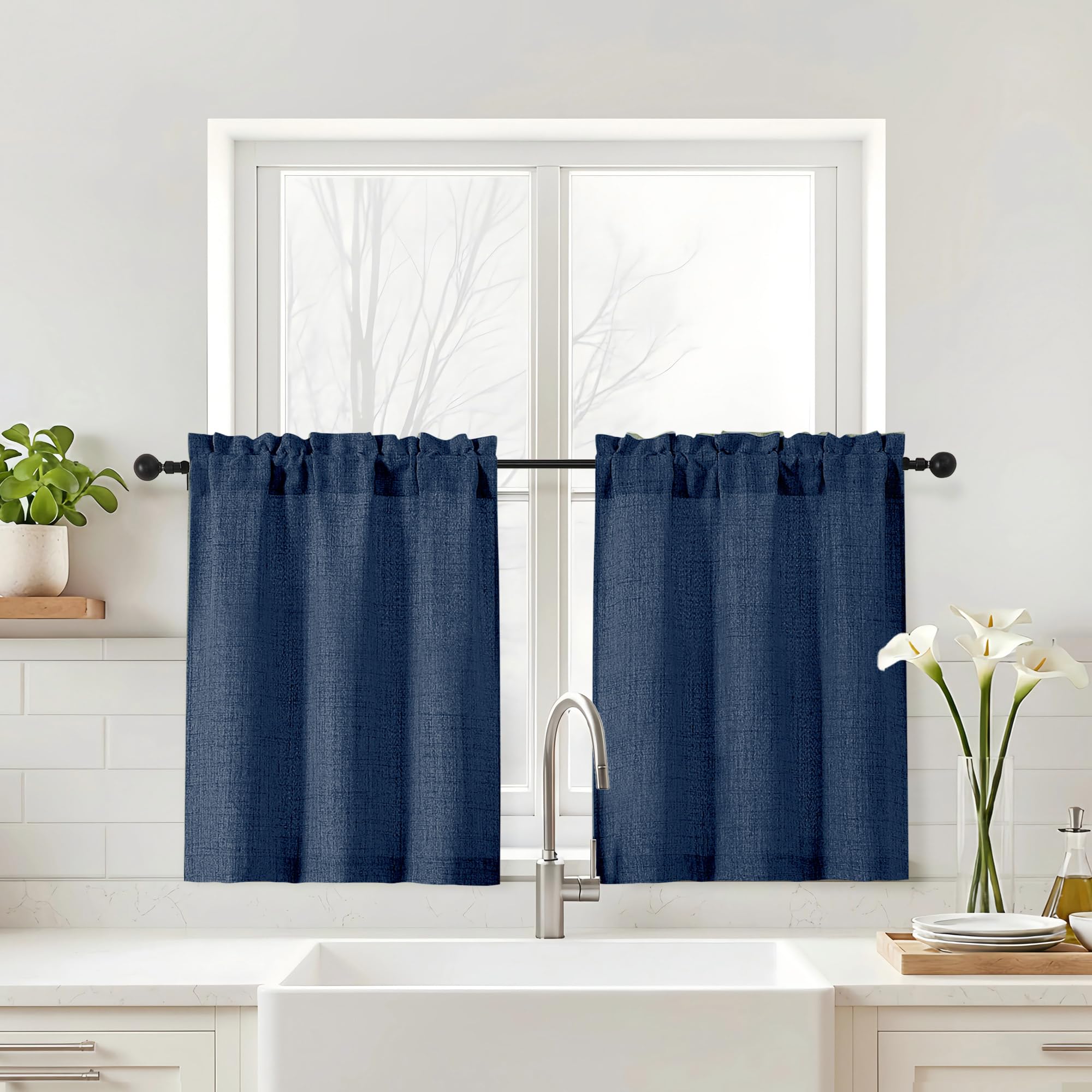Navy Blue Kitchen Curtains 24 Inch Length - Faux Linen Textured Light Filtering Short Curtains for Bathroom, Rod Pocket Small Kitchen Window Curtains Over Sink, 2 Panels, 30Wx24L Inches