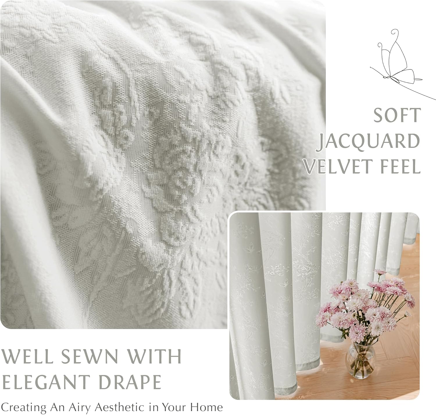 Beauoop Grey Floral Jacquard Sheer Curtains 84 Inches Long 2 Panels for Living Room Bedroom Semi Lace Flower Privacy Light Filtering Non-See-Through Velvet Textured Grommet Window Drapes, 52x84 2 Set