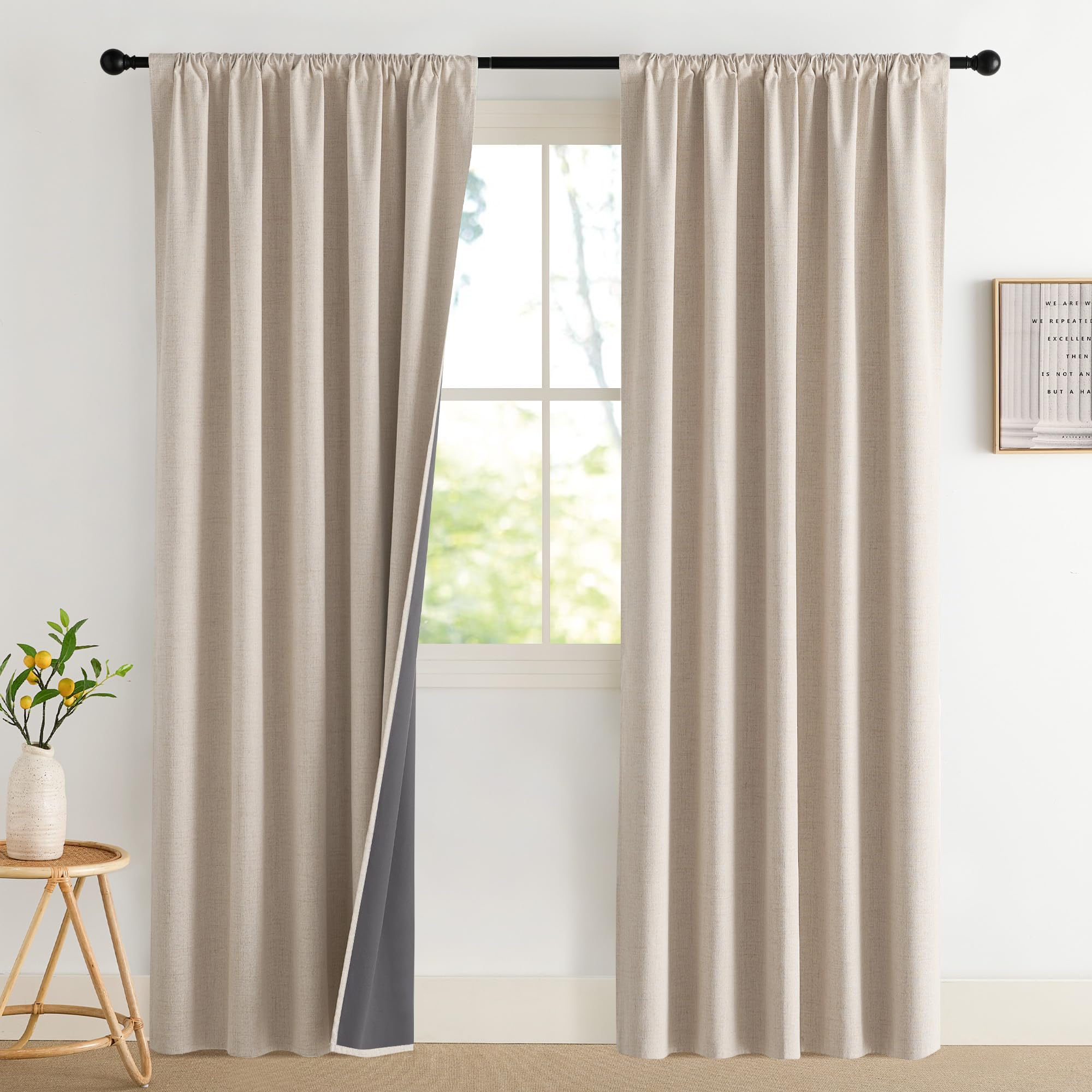 NICETOWN 100% Blackout Curtains for Bedroom, Living Room - Linen Textured Thermal Insulated Drapes Rod Pocket Top, Black Out Curtains with Grey Liner for Privacy, Natural, W52 x L80 in, 2 Panels