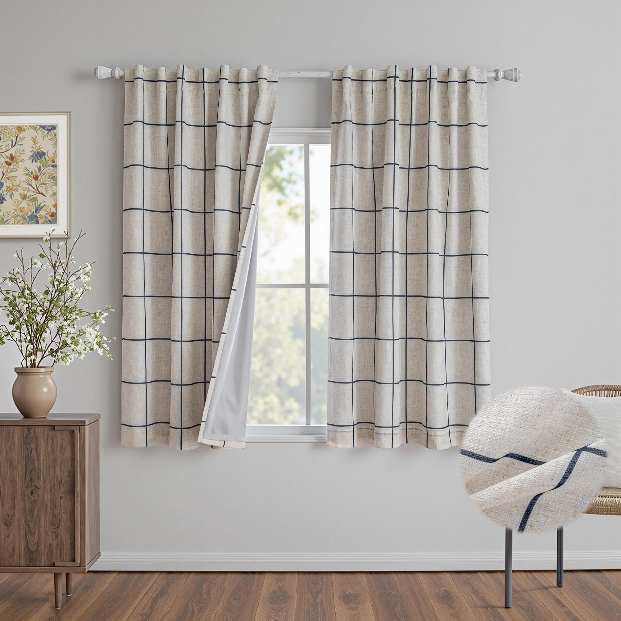 MYSKY HOME 100% Blackout Plaid Farmhouse Linen Curtains 84 Inch Long 2 Panels Set for Living Room Double Layer Windowpane Drapes Thermal Insulated Privacy Protection Rod Pocket Back Tab, 52" W, Black