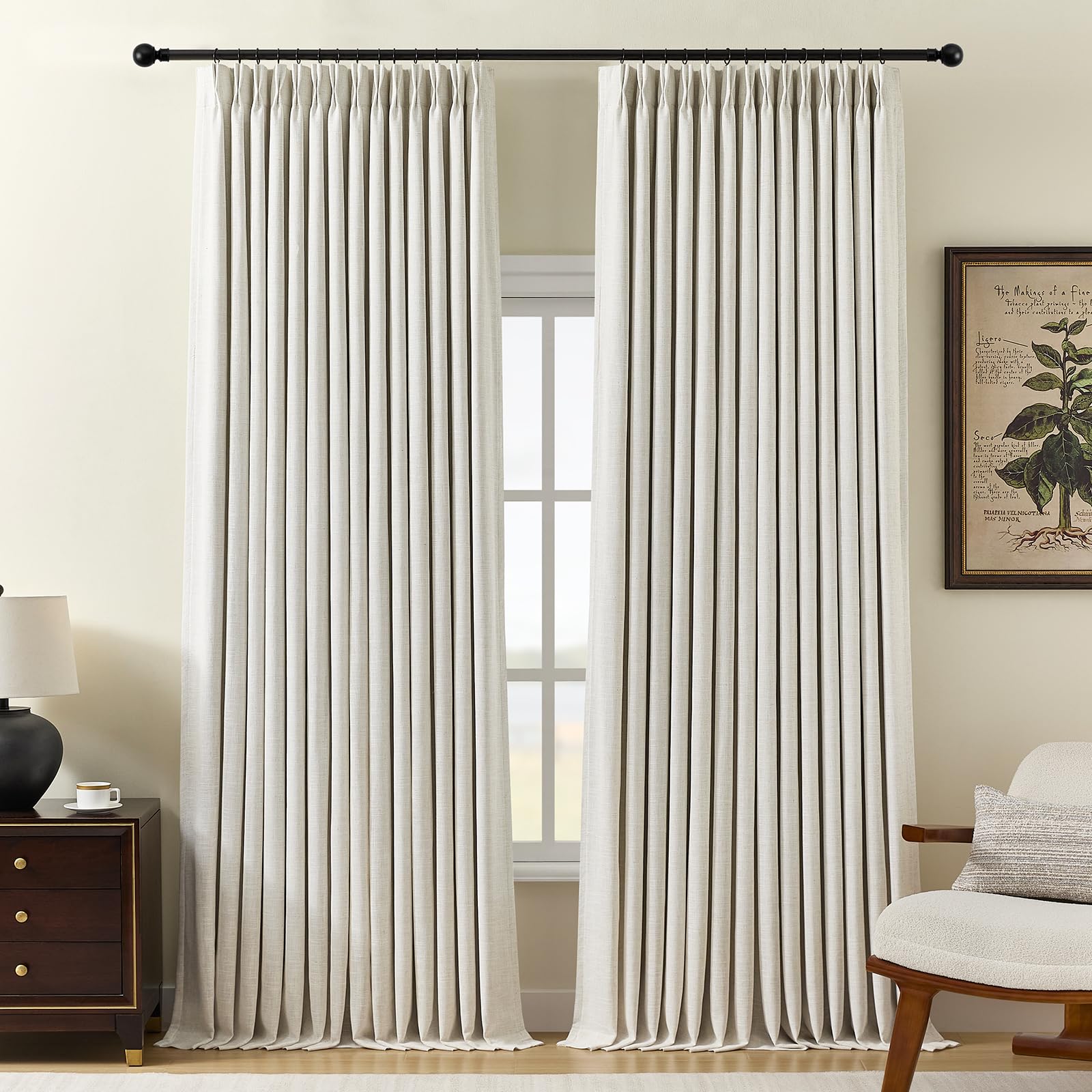Pinch Pleated Curtains 100% Blackout Linen Curtains 95 Inches Long for Bedroom Living Room, Natural Memory Trained Thermal Insulated Room Darkening Window Pleat Drapes with Hooks, 2 Panels, 40"Wx95"L
