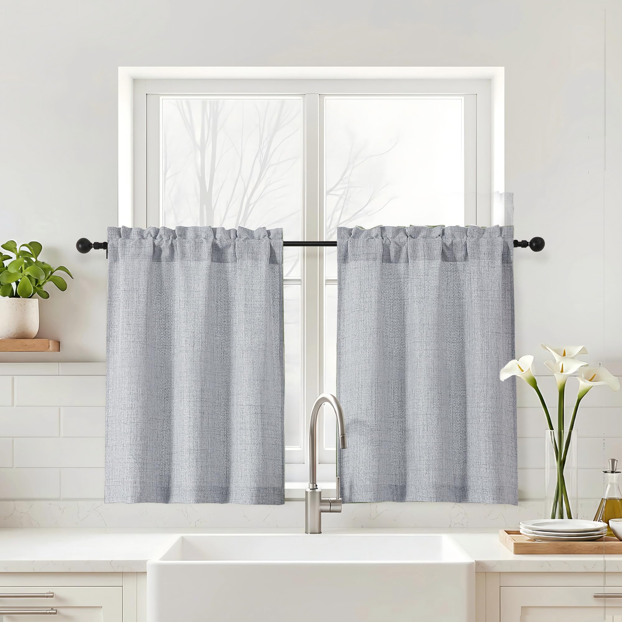 Navy Blue Kitchen Curtains 24 Inch Length - Faux Linen Textured Light Filtering Short Curtains for Bathroom, Rod Pocket Small Kitchen Window Curtains Over Sink, 2 Panels, 30Wx24L Inches