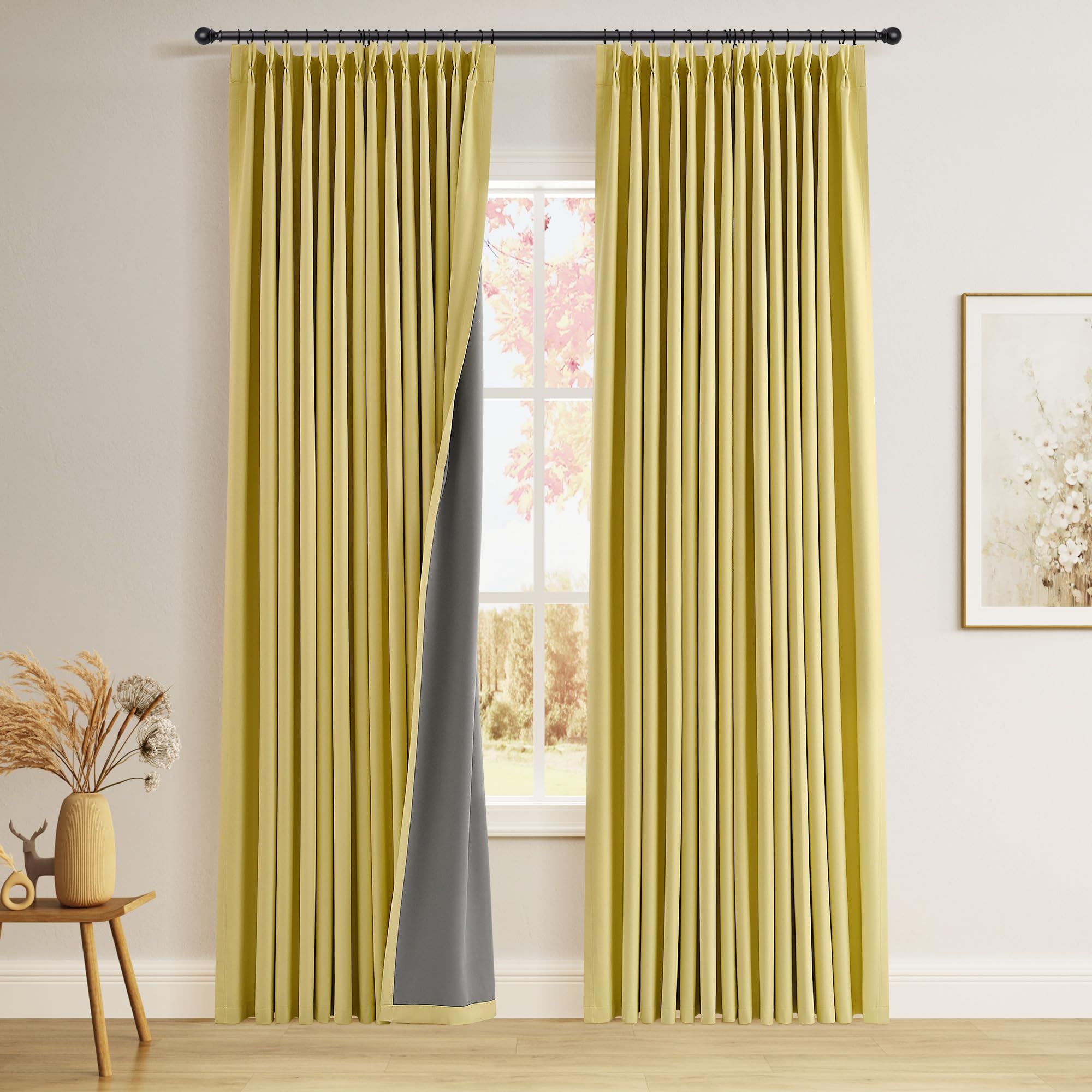 100% Blackout Sage Green Linen Curtains Pinch Pleated Green Blackout Curtains 84 Inches Long for Bedroom Living Room Memory Shaped Thermal Insulated Pinch Pleat Drapes with Hooks Rings Clips 7FT