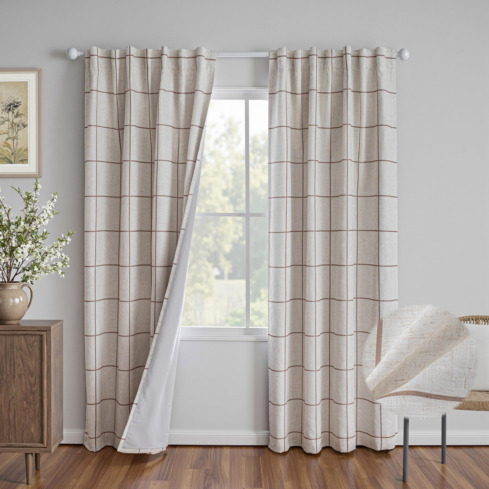 MYSKY HOME 100% Blackout Plaid Farmhouse Linen Curtains 84 Inch Long 2 Panels Set for Living Room Double Layer Windowpane Drapes Thermal Insulated Privacy Protection Rod Pocket Back Tab, 52" W, Black