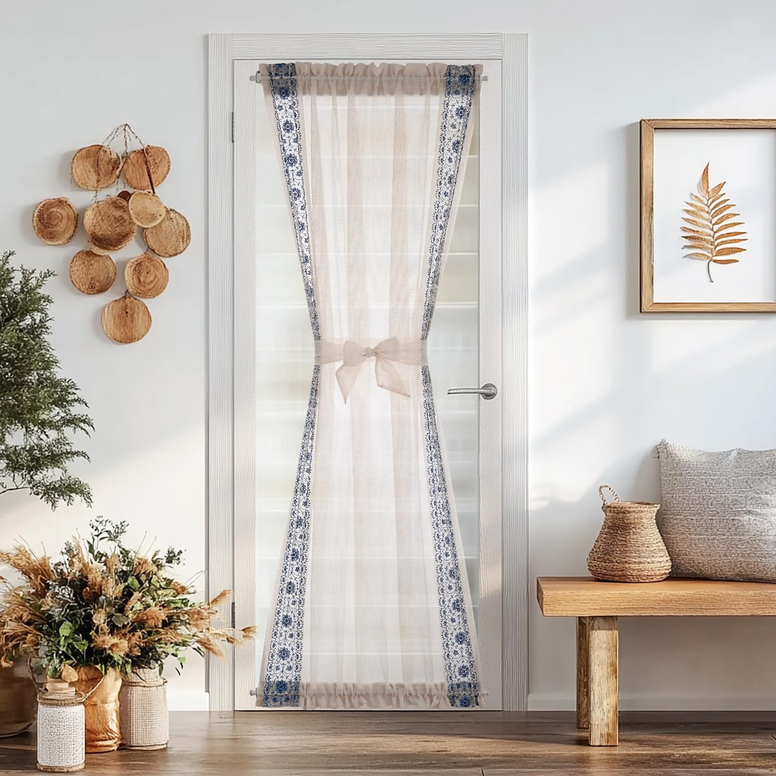 jinchan French Door Curtain Privacy Boho Embroidered Semi Sheer Voile Front Curtain for Window Doorway Closet, Door Panel with Tieback Rod Pocket 1 Panel (White on Beige, 55W x 40L Inch)