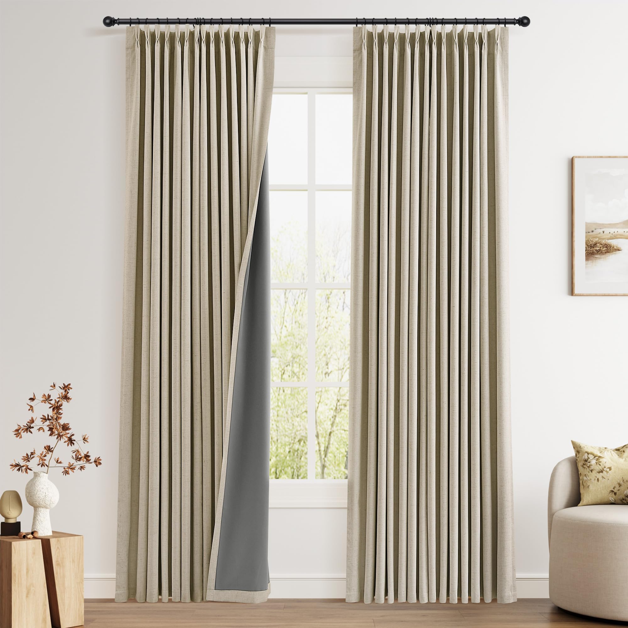 100% Blackout Sage Green Linen Curtains Pinch Pleated Green Blackout Curtains 84 Inches Long for Bedroom Living Room Memory Shaped Thermal Insulated Pinch Pleat Drapes with Hooks Rings Clips 7FT