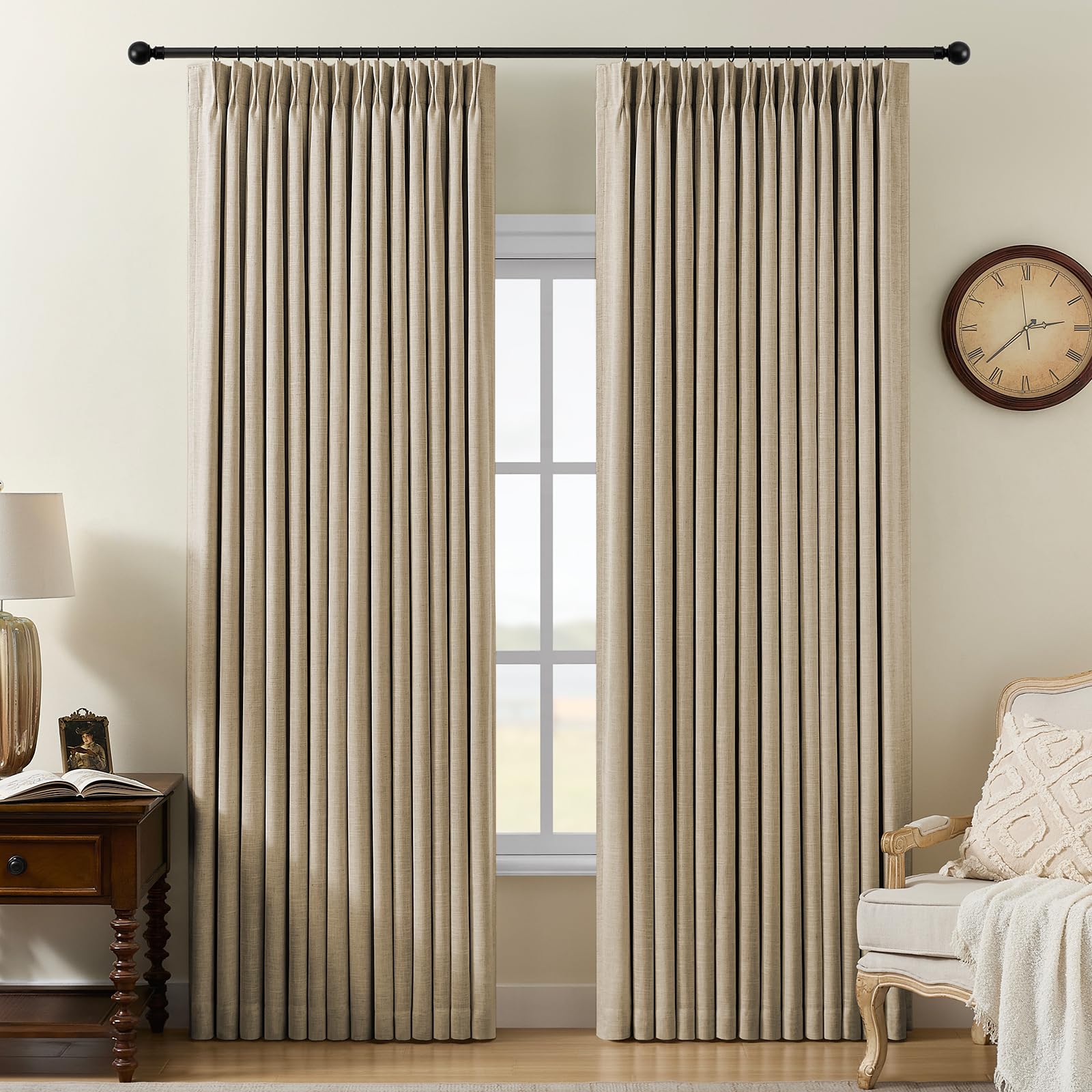 Pinch Pleated Curtains 100% Blackout Linen Curtains 95 Inches Long for Bedroom Living Room, Natural Memory Trained Thermal Insulated Room Darkening Window Pleat Drapes with Hooks, 2 Panels, 40"Wx95"L