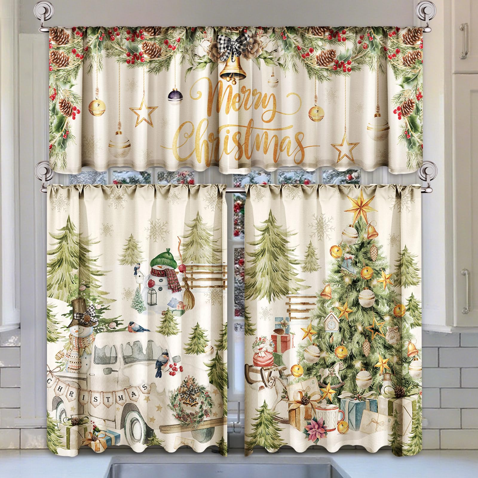 Breling 3 Pcs Teal Daisy Kitchen Curtains Valances and Tiers Set for Windows Spring Daisy Garden Flying Butterflies Boots Blue Decor Short Curtain Set for Bedroom Window Turquoise Decor Party Supplies