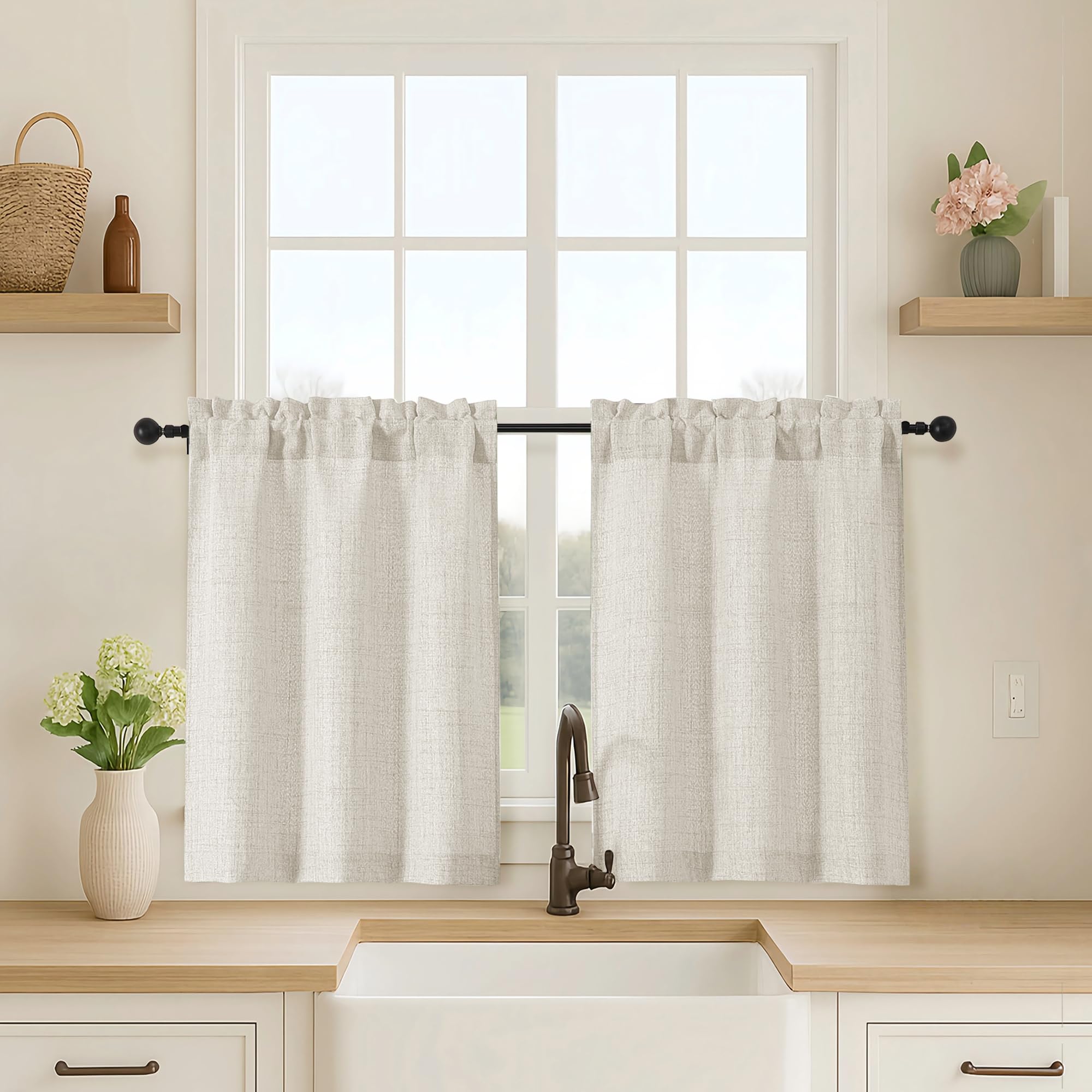 OVZME Kitchen Curtains 24 Inch Length, Light Filtering Faux Linen Textured Small Cafe Curtains, Short Window Curtain Tiers for Cabinet Bathroom Basement RV Camper, 30Wx24L Inch, 2PCS, Terracotta