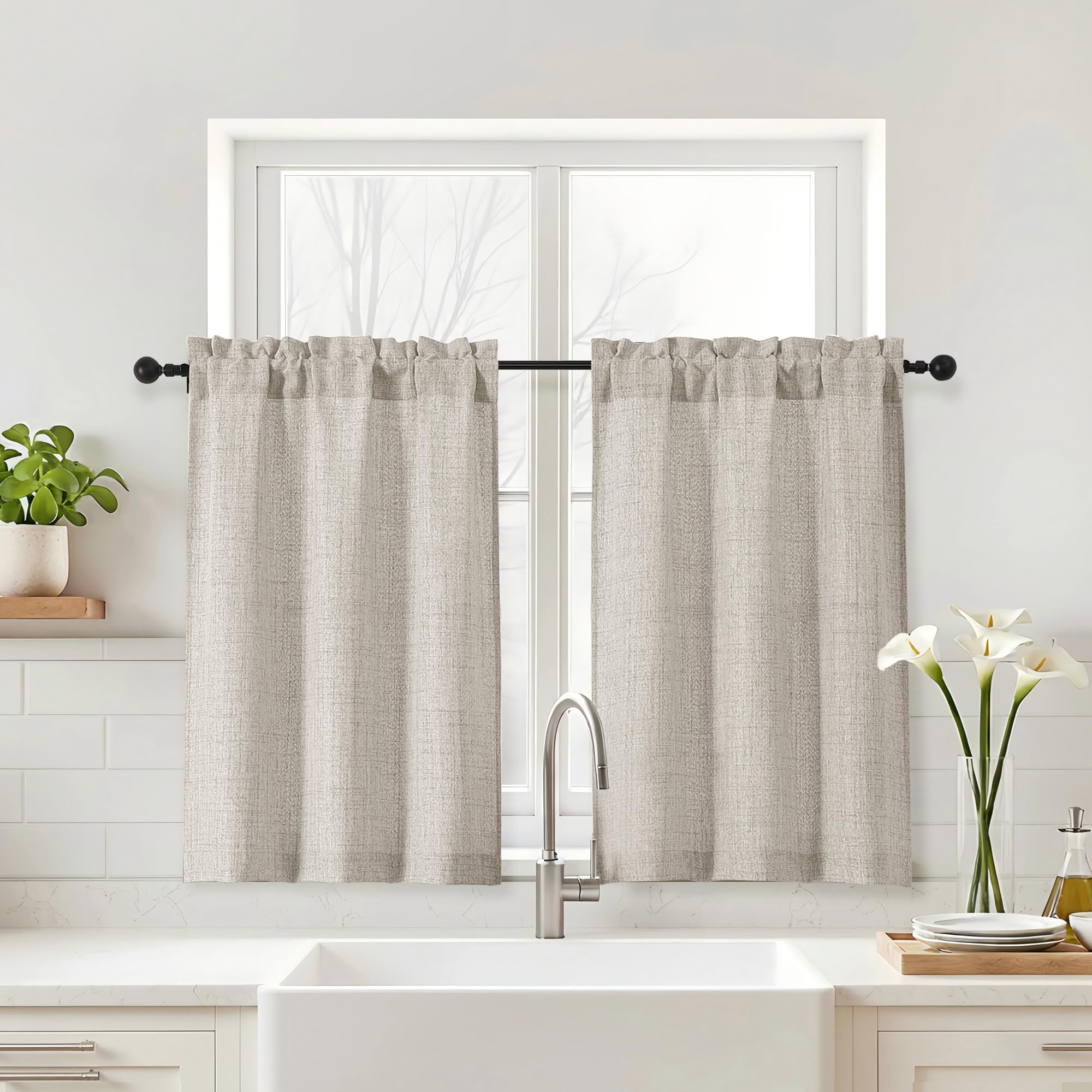 Navy Blue Kitchen Curtains 24 Inch Length - Faux Linen Textured Light Filtering Short Curtains for Bathroom, Rod Pocket Small Kitchen Window Curtains Over Sink, 2 Panels, 30Wx24L Inches